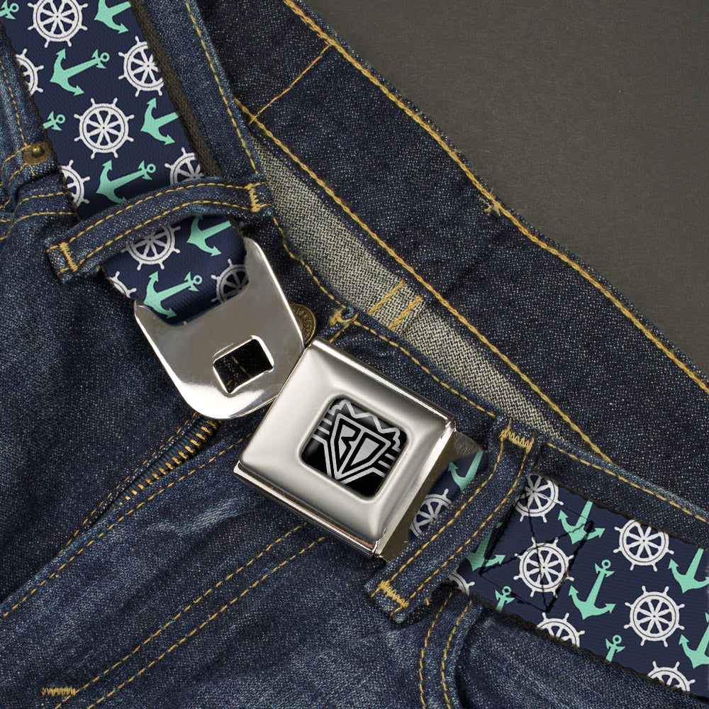 BD Wings Logo CLOSE-UP Full Color Black Silver Seatbelt Belt - Anchor2/Helm Monogram Navy/Turquoise/White Webbing Seatbelt Belts Buckle-Down