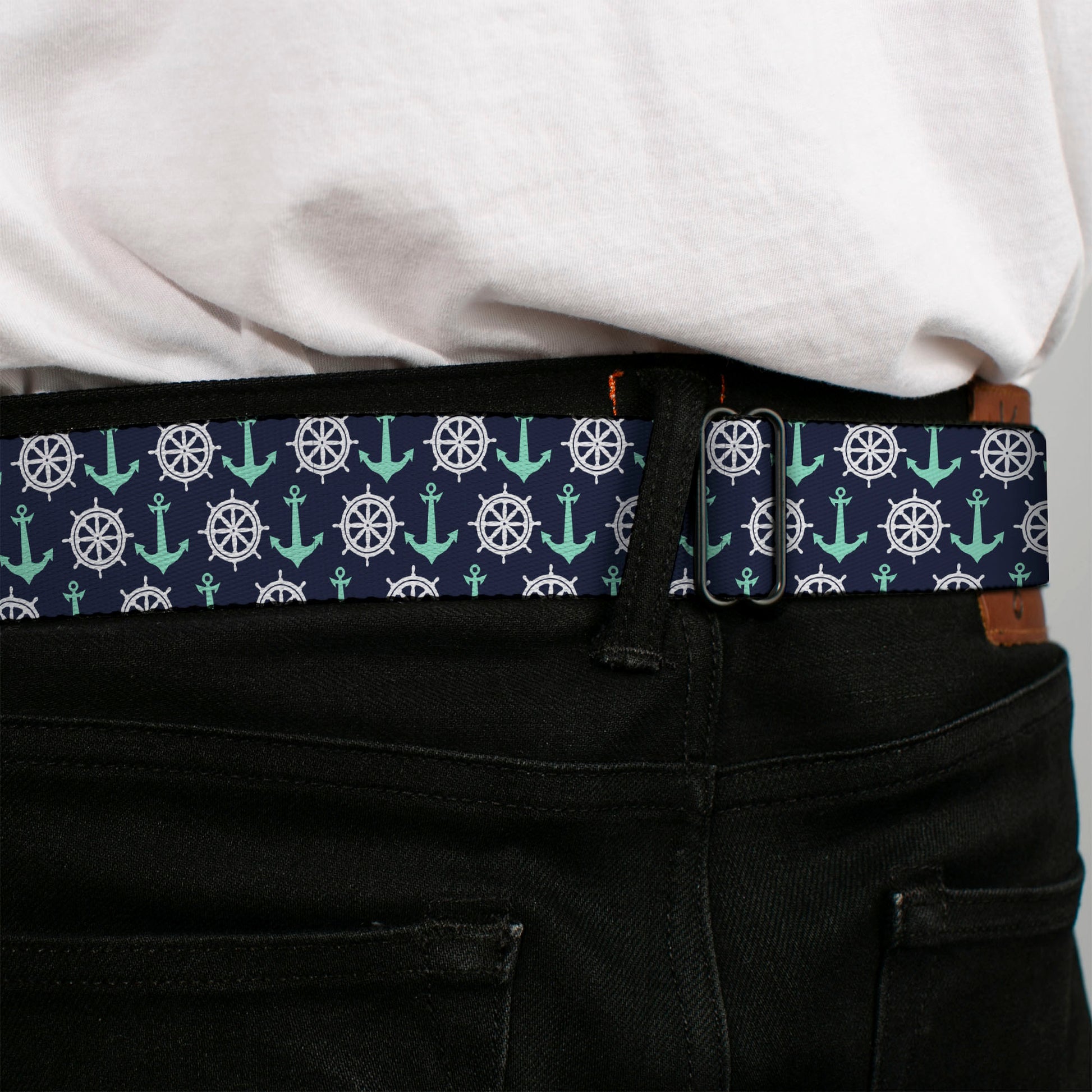 BD Wings Logo CLOSE-UP Full Color Black Silver Seatbelt Belt - Anchor2/Helm Monogram Navy/Turquoise/White Webbing Seatbelt Belts Buckle-Down