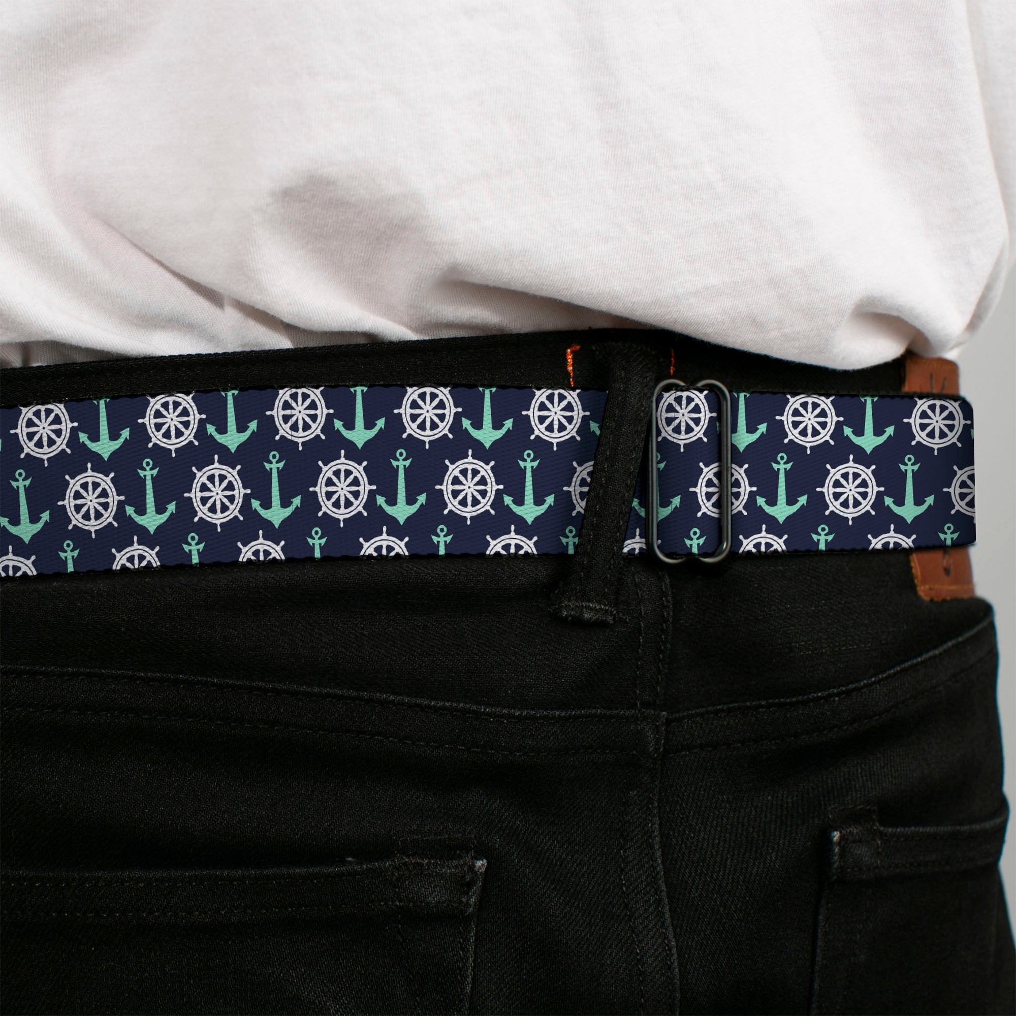 BD Wings Logo CLOSE-UP Full Color Black Silver Seatbelt Belt - Anchor2/Helm Monogram Navy/Turquoise/White Webbing Seatbelt Belts Buckle-Down