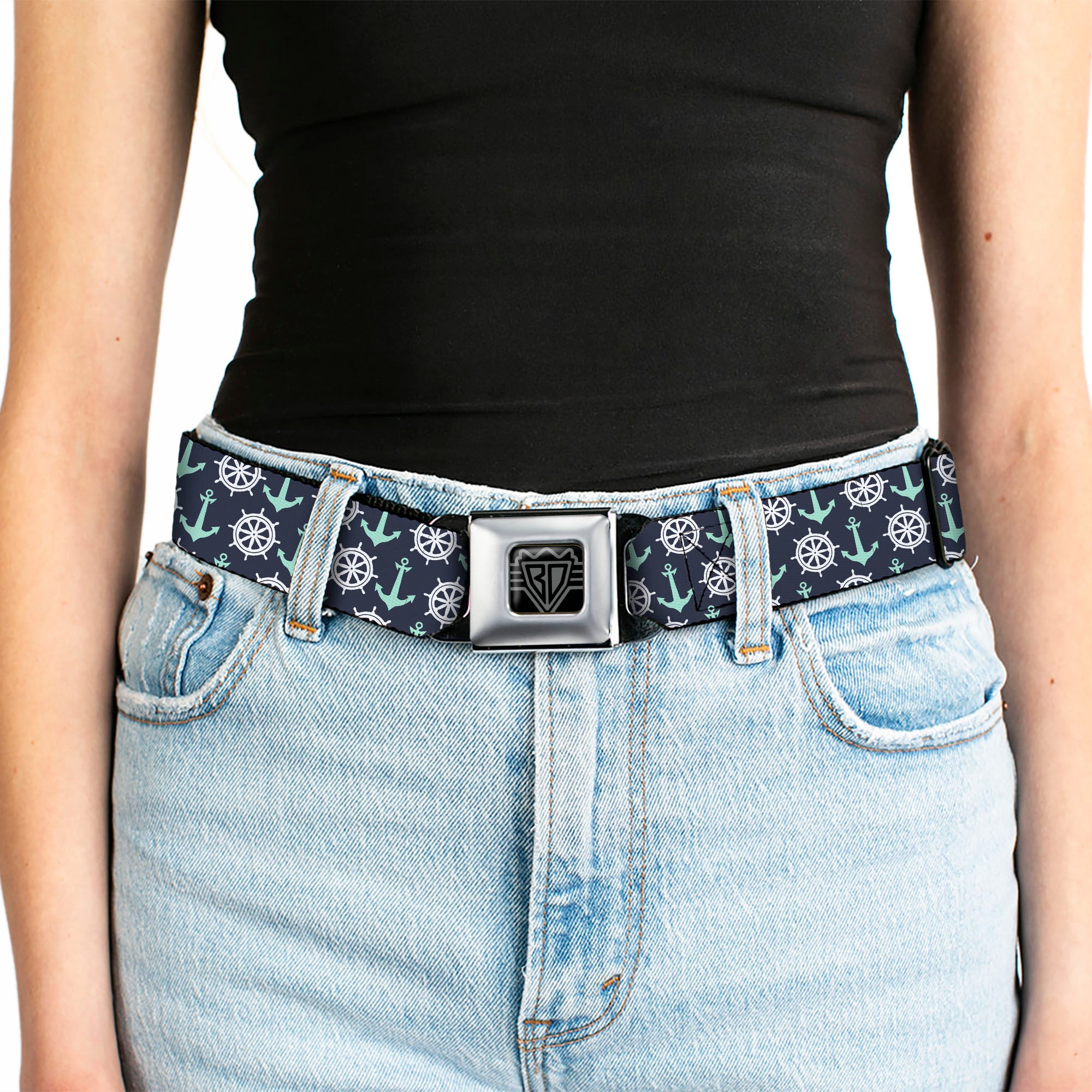 BD Wings Logo CLOSE-UP Full Color Black Silver Seatbelt Belt - Anchor2/Helm Monogram Navy/Turquoise/White Webbing Seatbelt Belts Buckle-Down