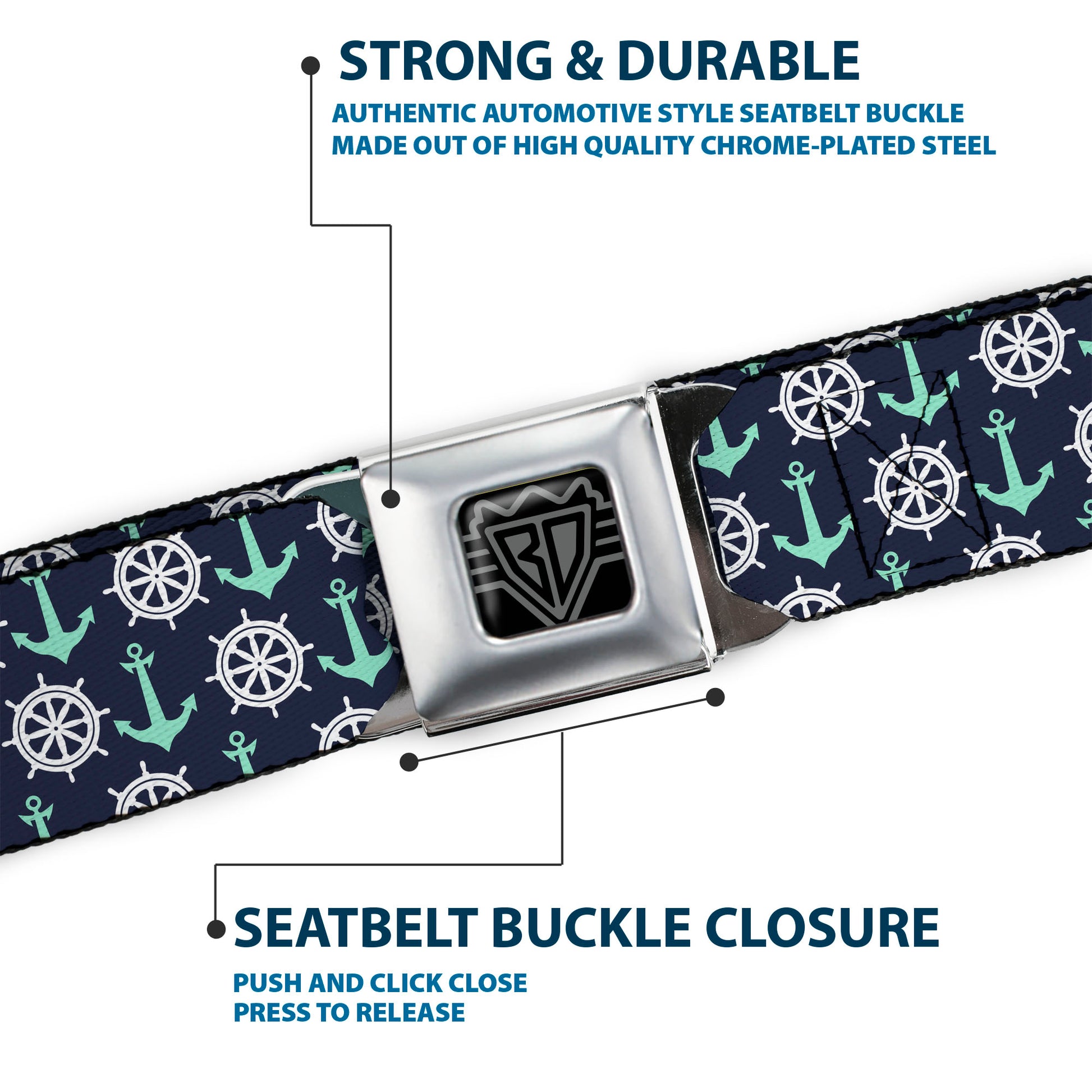 BD Wings Logo CLOSE-UP Full Color Black Silver Seatbelt Belt - Anchor2/Helm Monogram Navy/Turquoise/White Webbing Seatbelt Belts Buckle-Down