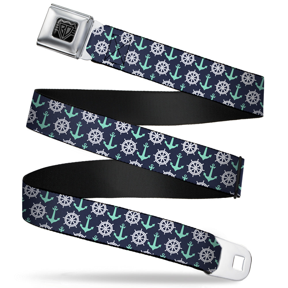 BD Wings Logo CLOSE-UP Full Color Black Silver Seatbelt Belt - Anchor2/Helm Monogram Navy/Turquoise/White Webbing Seatbelt Belts Buckle-Down