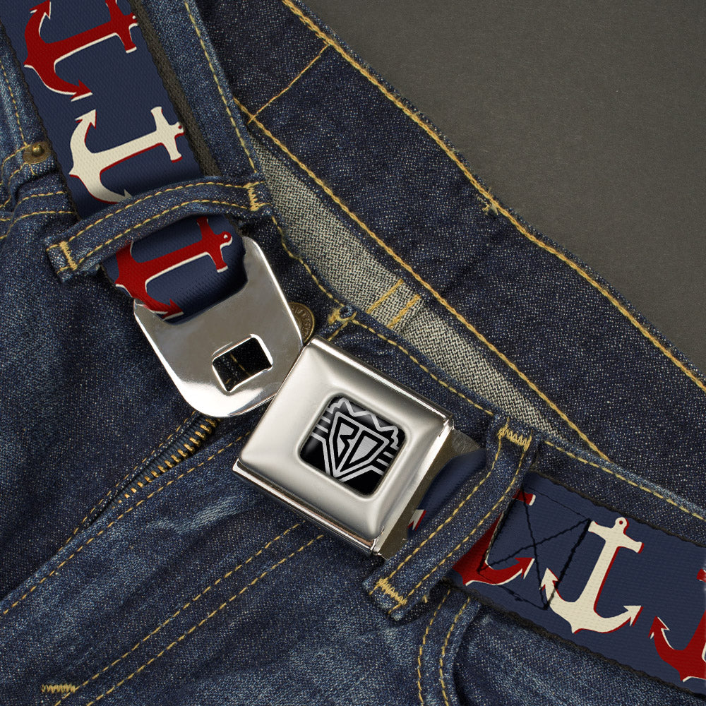 BD Wings Logo CLOSE-UP Full Color Black Silver Seatbelt Belt - Anchor3 CLOSE-UP Navy/Red/Cream Webbing Seatbelt Belts Buckle-Down