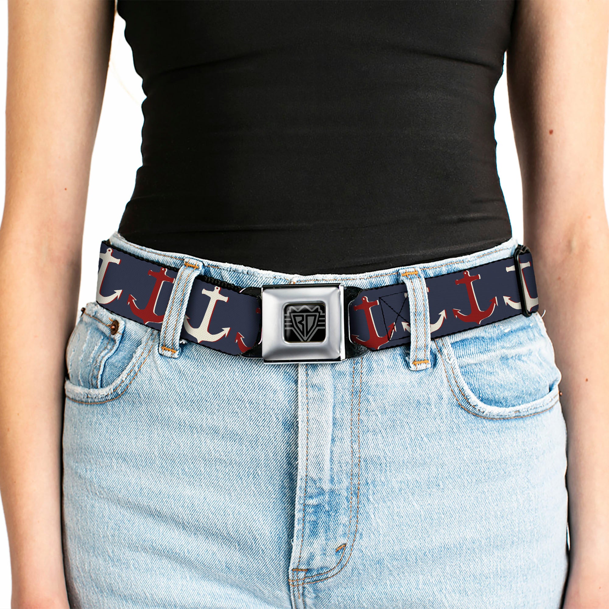 BD Wings Logo CLOSE-UP Full Color Black Silver Seatbelt Belt - Anchor3 CLOSE-UP Navy/Red/Cream Webbing Seatbelt Belts Buckle-Down