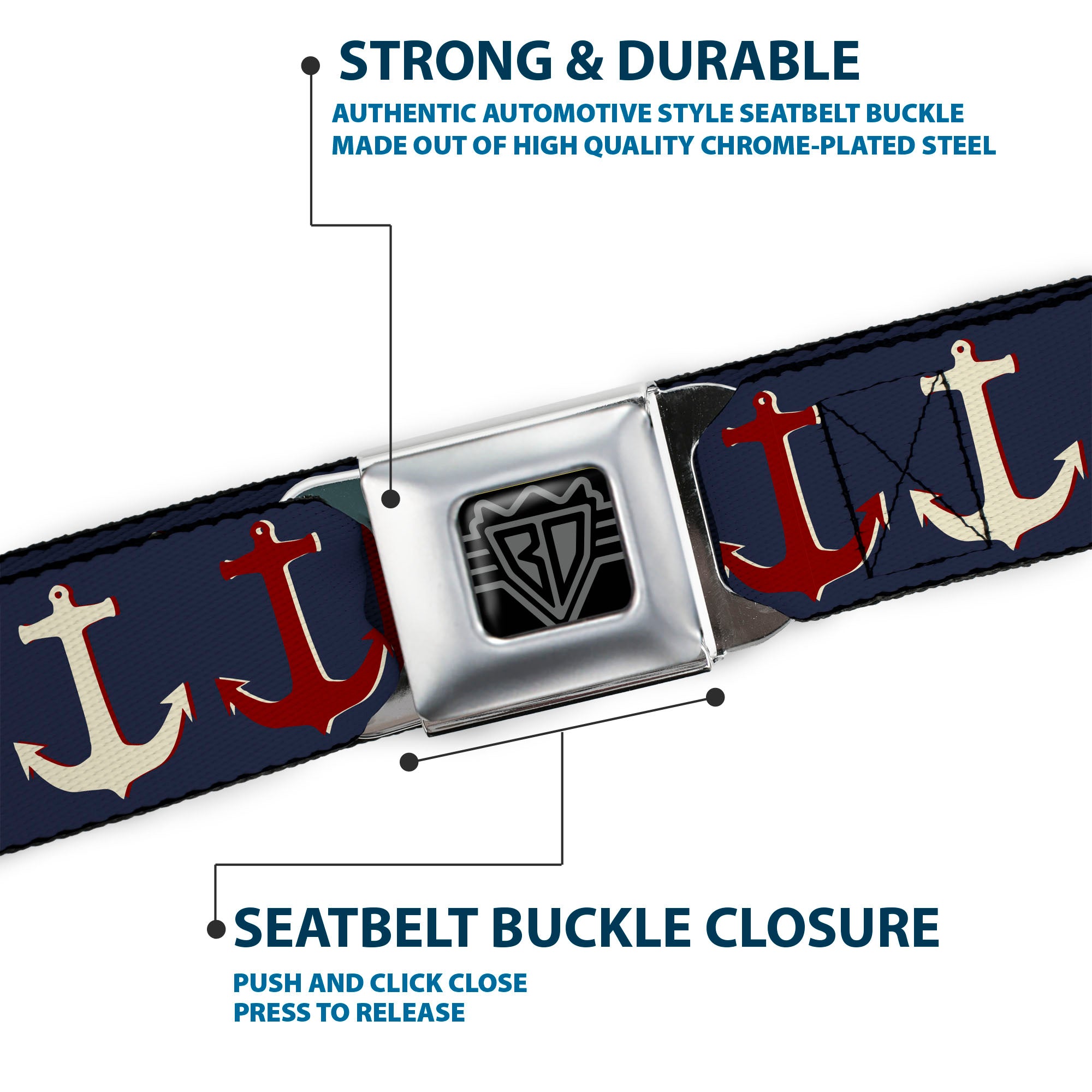 BD Wings Logo CLOSE-UP Full Color Black Silver Seatbelt Belt - Anchor3 CLOSE-UP Navy/Red/Cream Webbing Seatbelt Belts Buckle-Down