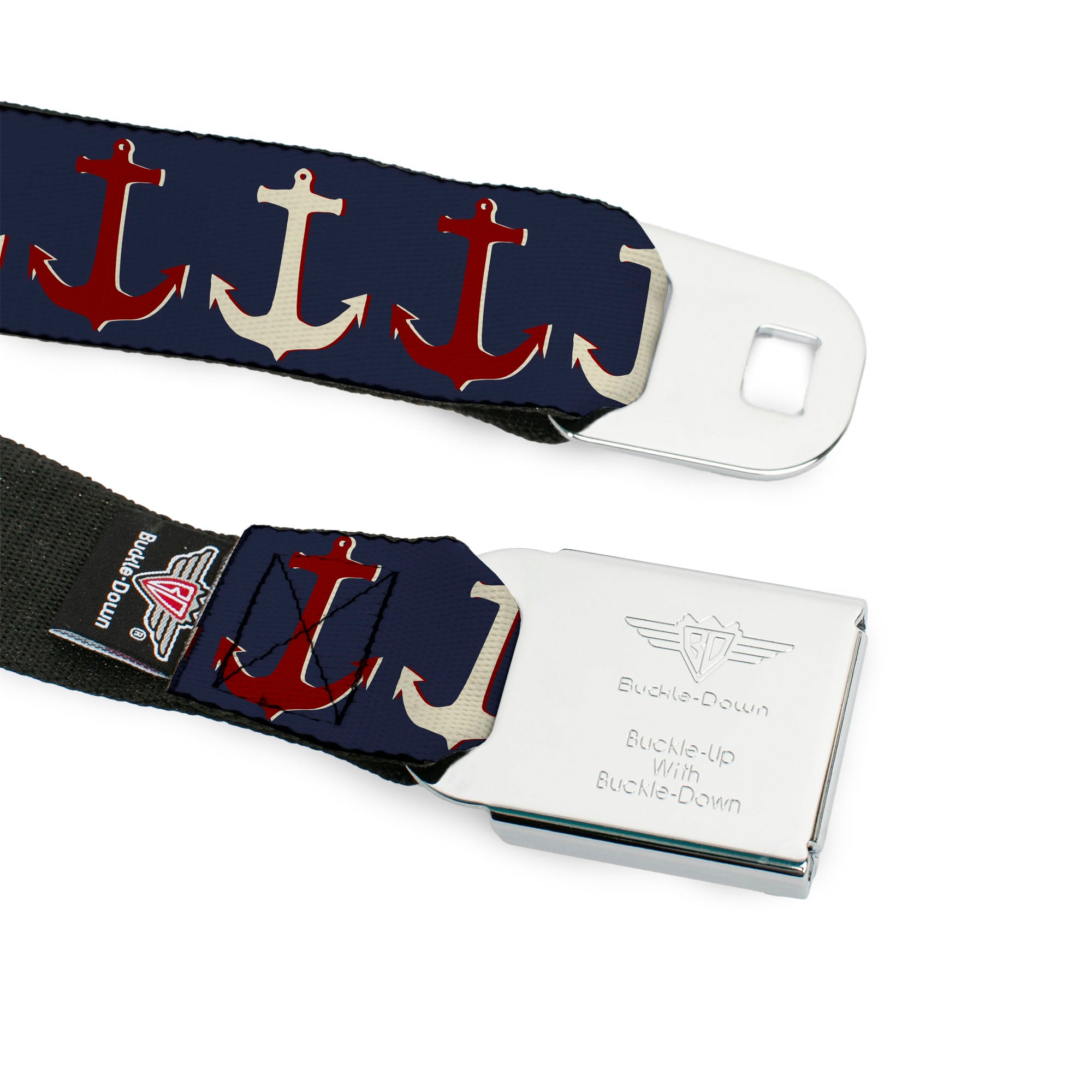 BD Wings Logo CLOSE-UP Full Color Black Silver Seatbelt Belt - Anchor3 CLOSE-UP Navy/Red/Cream Webbing Seatbelt Belts Buckle-Down