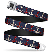 BD Wings Logo CLOSE-UP Full Color Black Silver Seatbelt Belt - Anchor3 CLOSE-UP Navy/Red/Cream Webbing Seatbelt Belts Buckle-Down