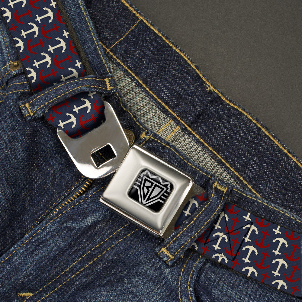 BD Wings Logo CLOSE-UP Full Color Black Silver Seatbelt Belt - Anchor3 Flip Navy/Red/Cream Webbing Seatbelt Belts Buckle-Down