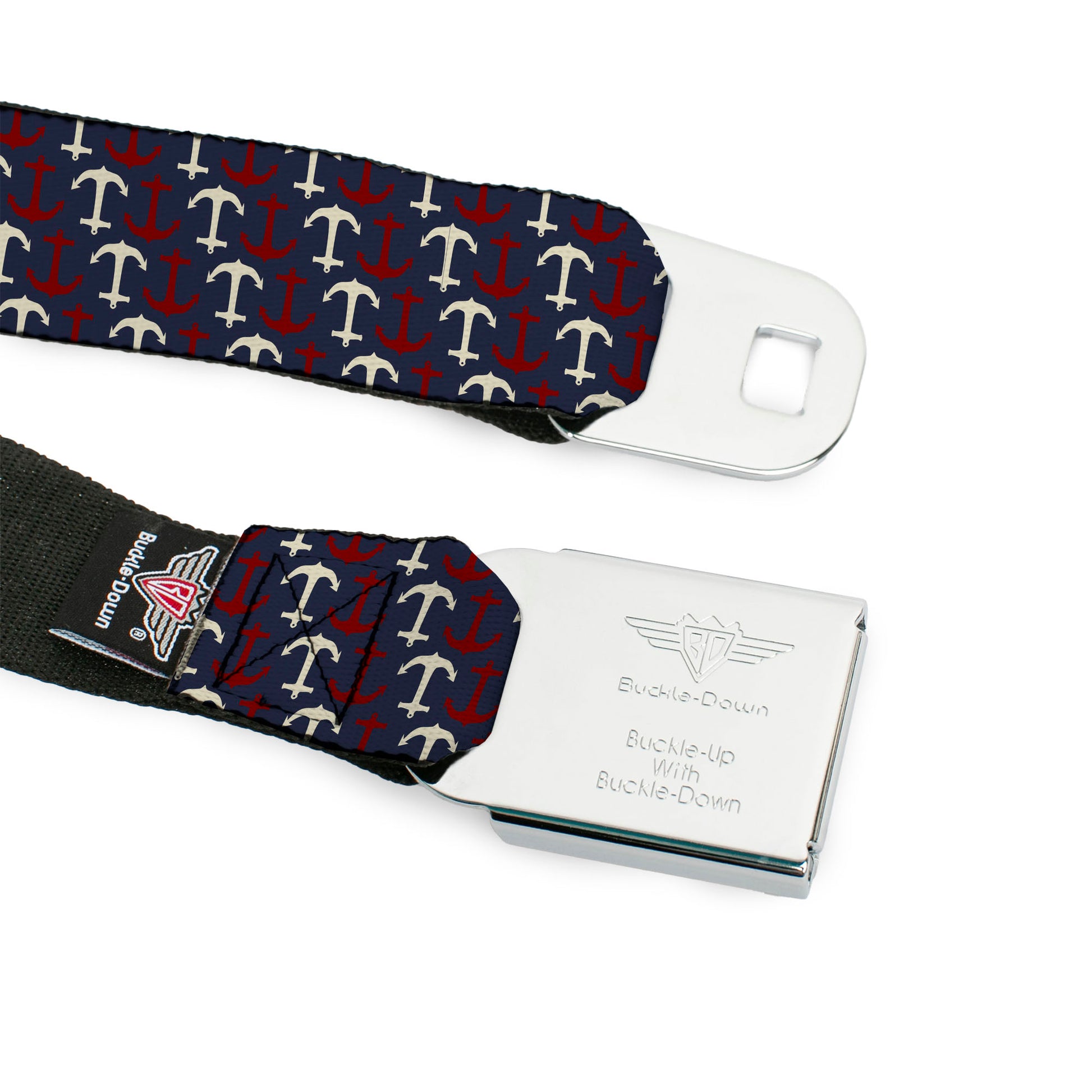 BD Wings Logo CLOSE-UP Full Color Black Silver Seatbelt Belt - Anchor3 Flip Navy/Red/Cream Webbing Seatbelt Belts Buckle-Down