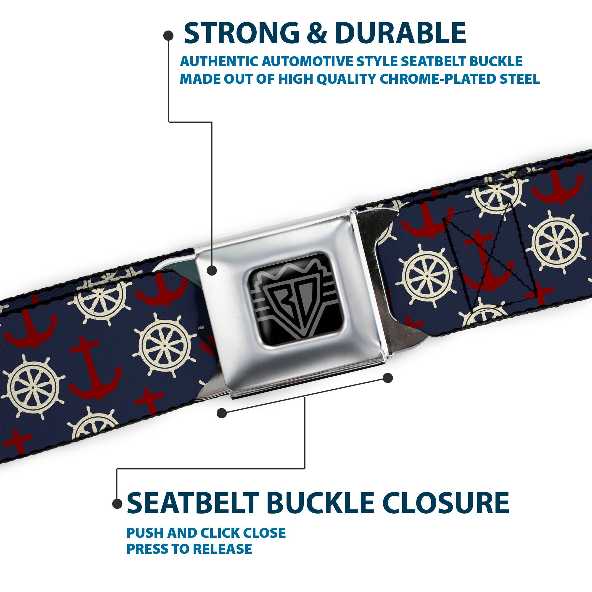BD Wings Logo CLOSE-UP Full Color Black Silver Seatbelt Belt - Anchor3/Helm Monogram Navy/Red/Cream Webbing Seatbelt Belts Buckle-Down
