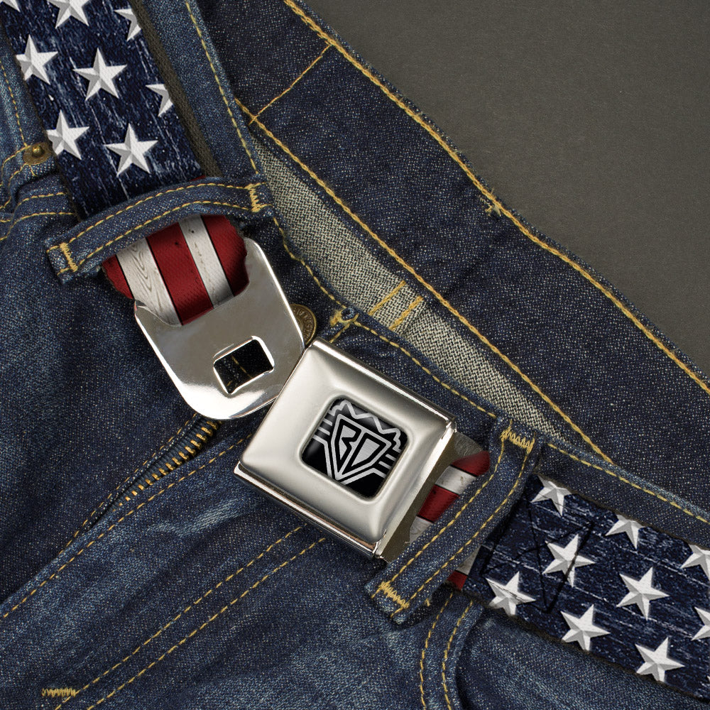 BD Wings Logo CLOSE-UP Full Color Black Silver Seatbelt Belt - Americana Rustic Stars & Stripes Webbing Seatbelt Belts Buckle-Down