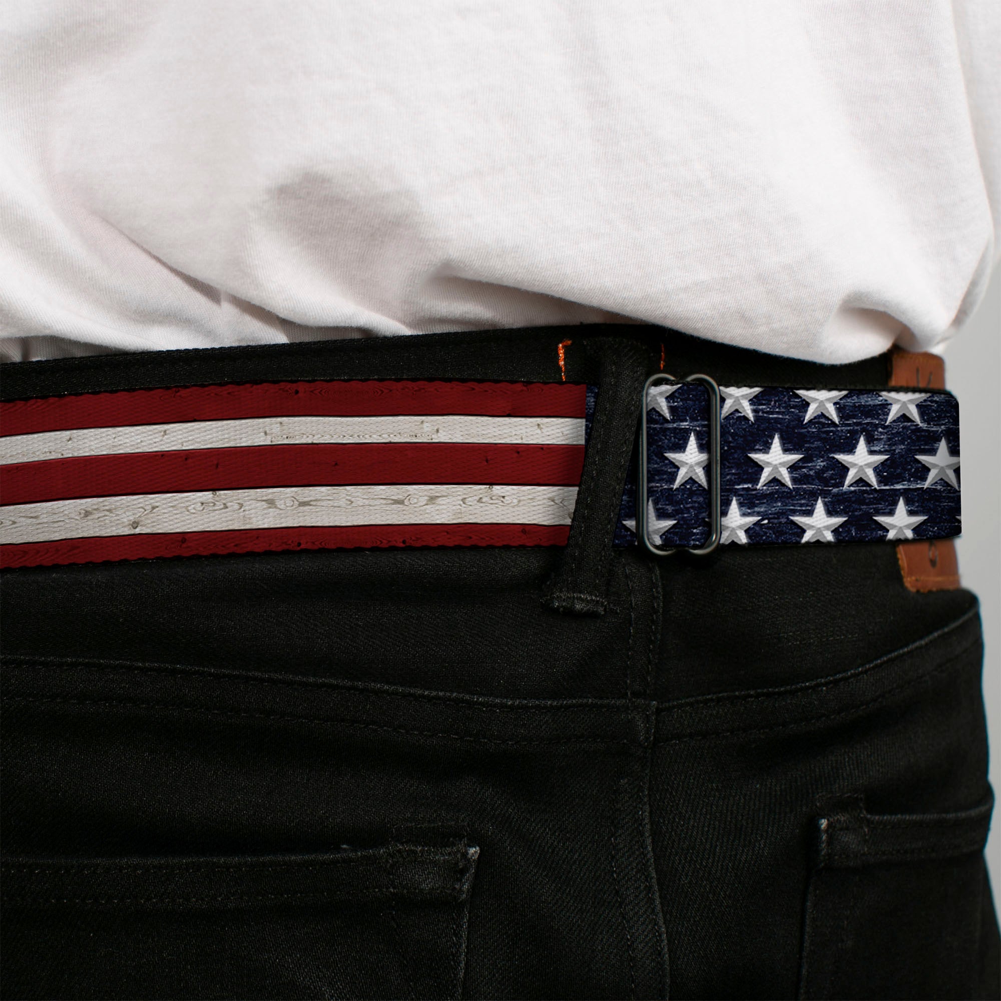 BD Wings Logo CLOSE-UP Full Color Black Silver Seatbelt Belt - Americana Rustic Stars & Stripes Webbing Seatbelt Belts Buckle-Down