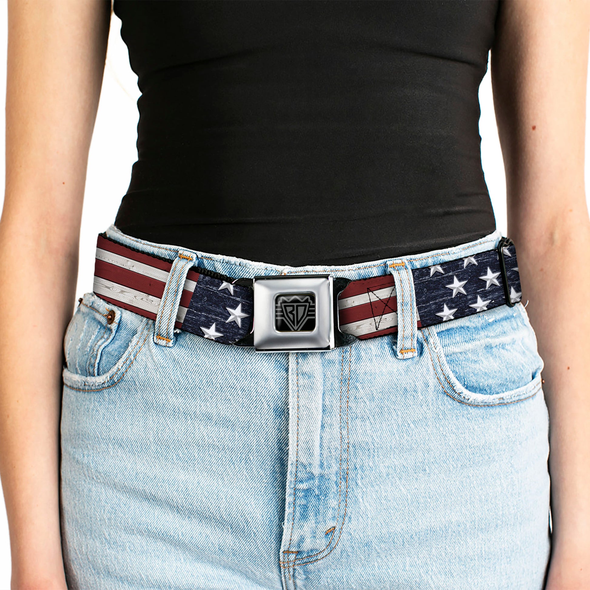 BD Wings Logo CLOSE-UP Full Color Black Silver Seatbelt Belt - Americana Rustic Stars & Stripes Webbing Seatbelt Belts Buckle-Down