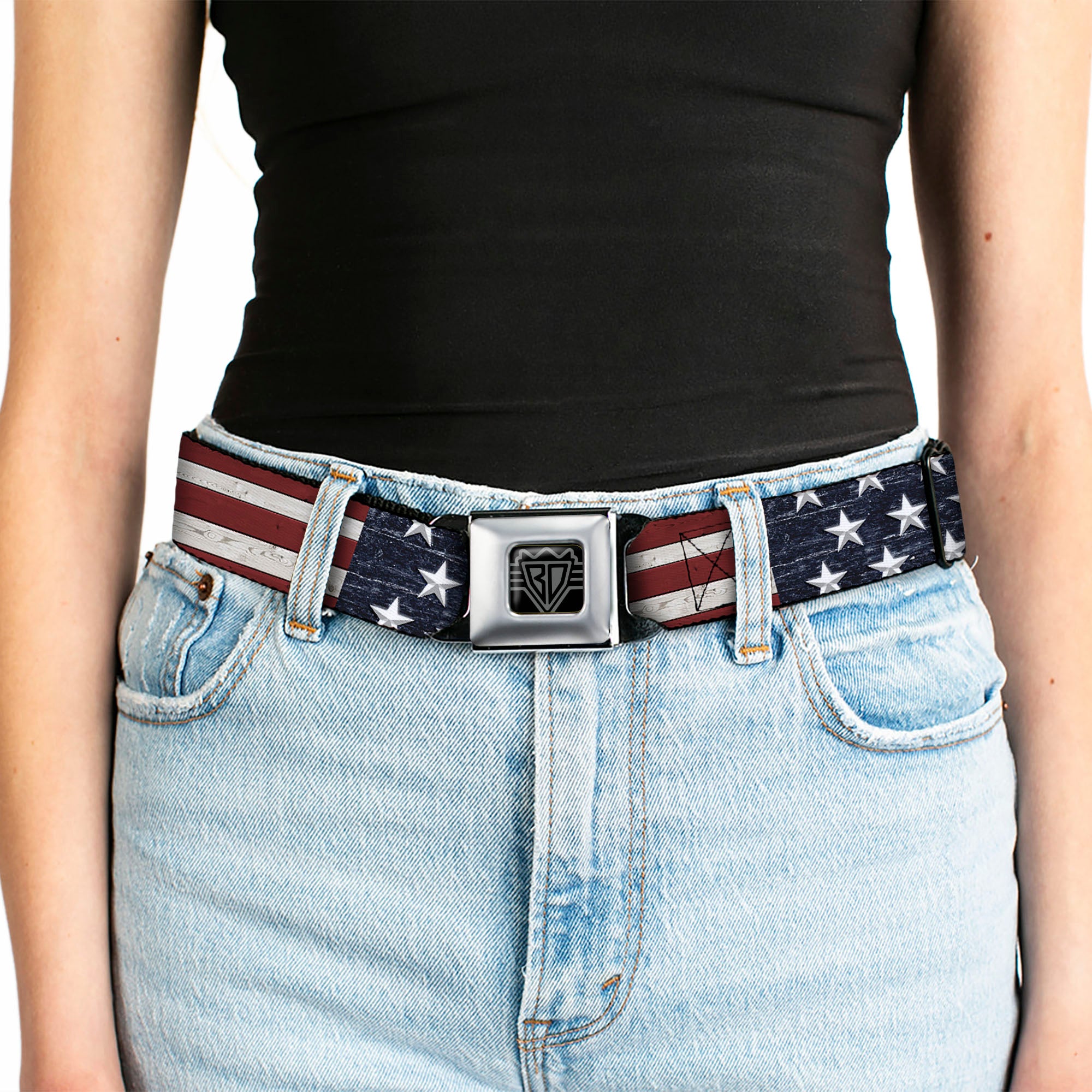 BD Wings Logo CLOSE-UP Full Color Black Silver Seatbelt Belt - Americana Rustic Stars & Stripes Webbing Seatbelt Belts Buckle-Down