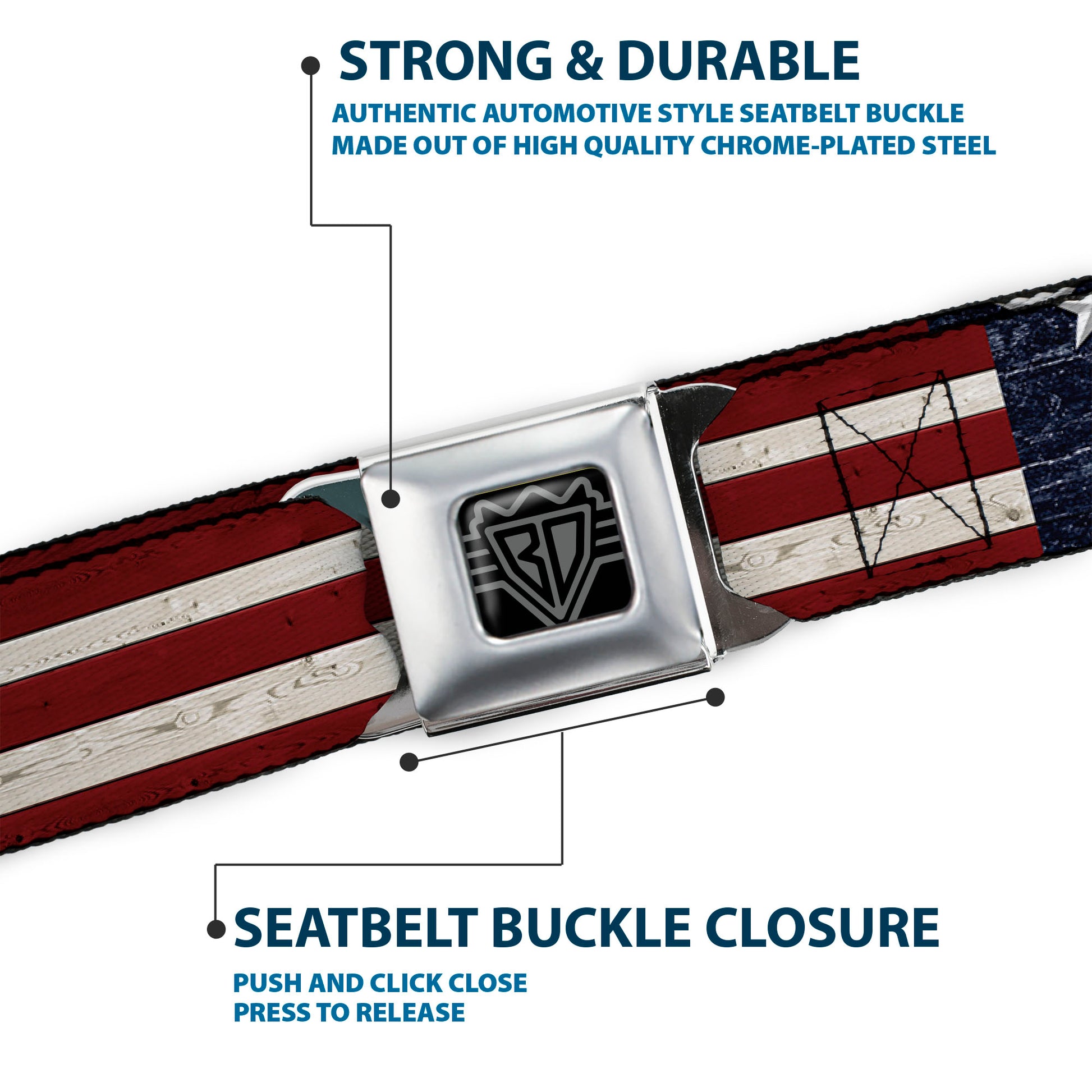 BD Wings Logo CLOSE-UP Full Color Black Silver Seatbelt Belt - Americana Rustic Stars & Stripes Webbing Seatbelt Belts Buckle-Down