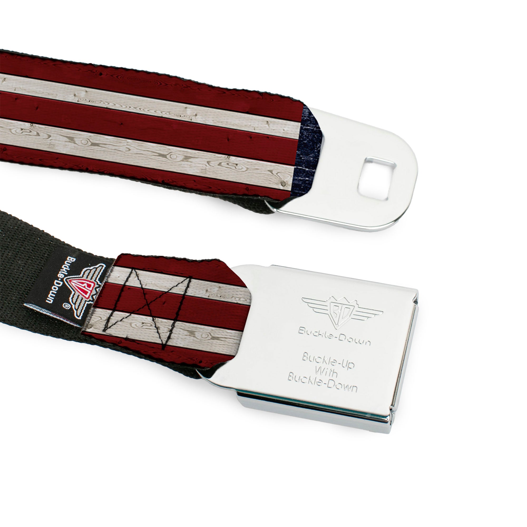 BD Wings Logo CLOSE-UP Full Color Black Silver Seatbelt Belt - Americana Rustic Stars & Stripes Webbing Seatbelt Belts Buckle-Down