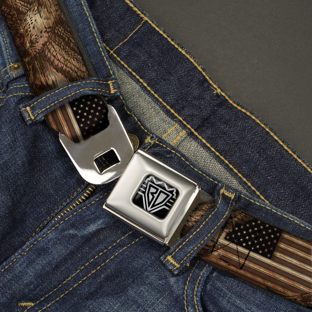 BD Wings Logo CLOSE-UP Full Color Black Silver Seatbelt Belt - Americana Eagle & Flag Rustic Wood Grain Webbing Seatbelt Belts Buckle-Down