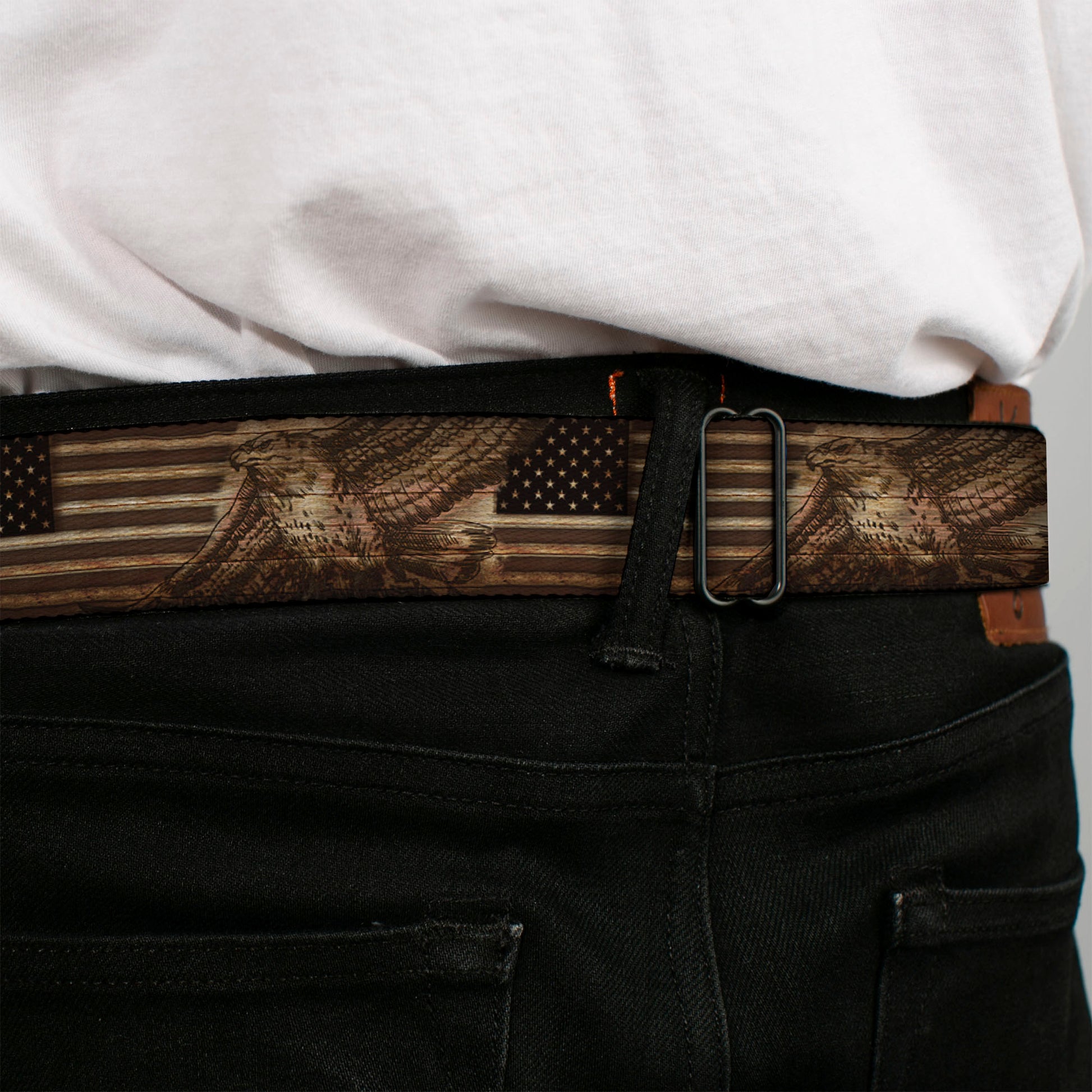 BD Wings Logo CLOSE-UP Full Color Black Silver Seatbelt Belt - Americana Eagle & Flag Rustic Wood Grain Webbing Seatbelt Belts Buckle-Down