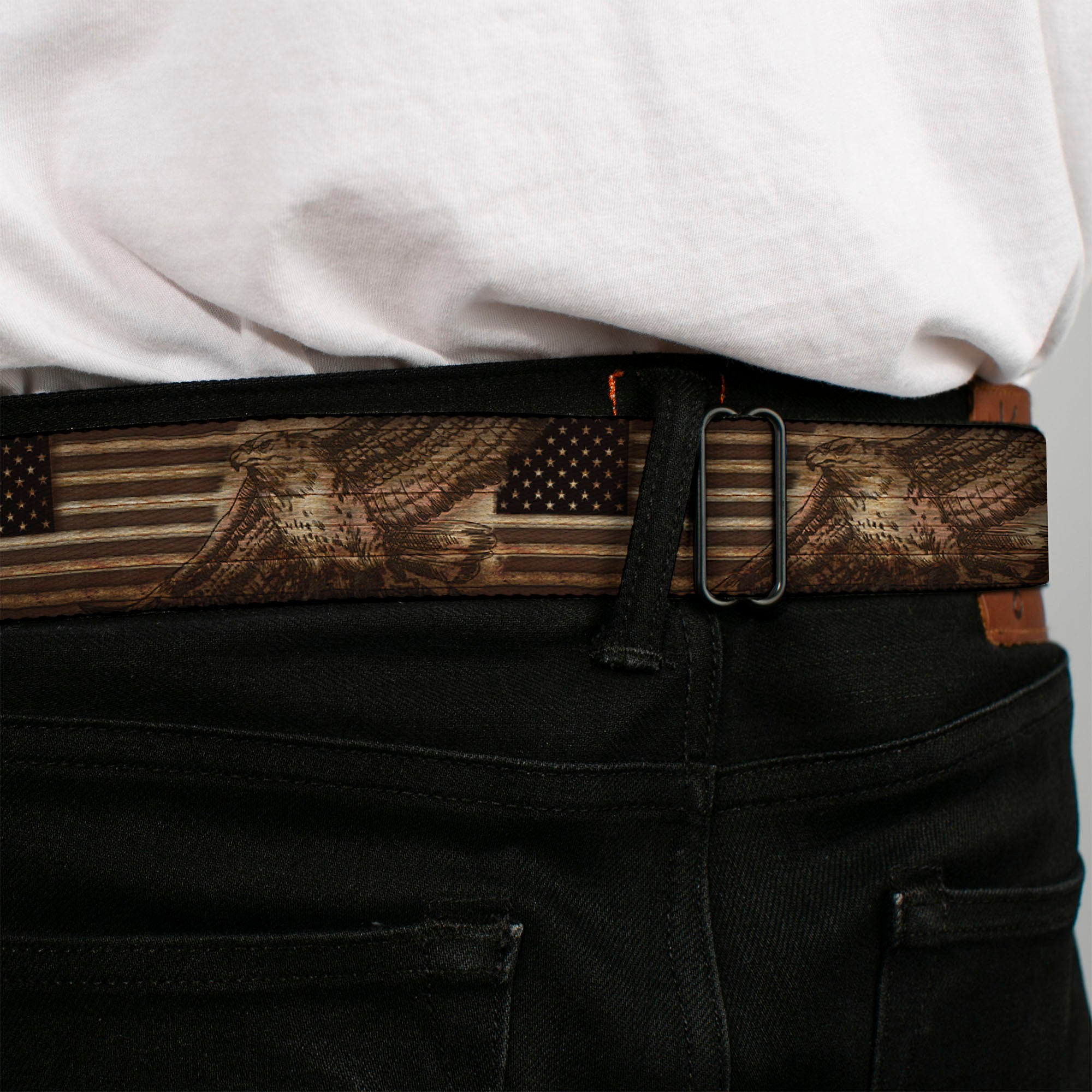 BD Wings Logo CLOSE-UP Full Color Black Silver Seatbelt Belt - Americana Eagle & Flag Rustic Wood Grain Webbing Seatbelt Belts Buckle-Down