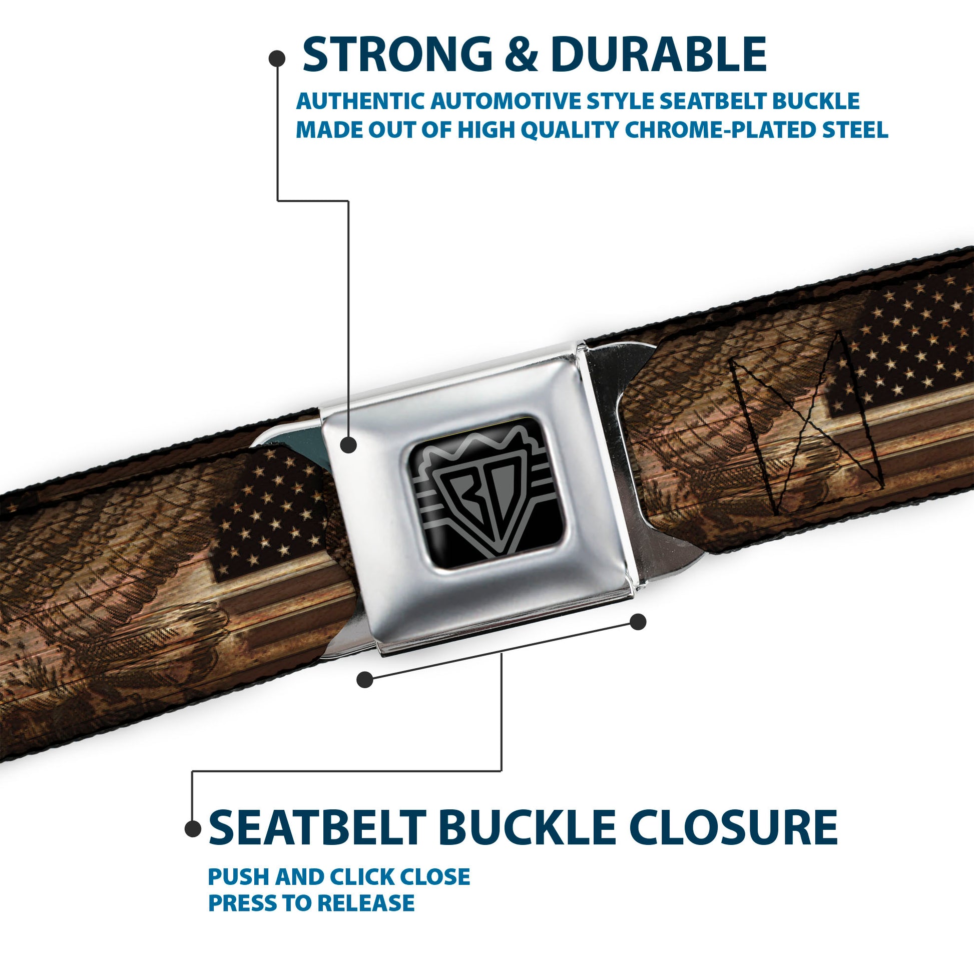 BD Wings Logo CLOSE-UP Full Color Black Silver Seatbelt Belt - Americana Eagle & Flag Rustic Wood Grain Webbing Seatbelt Belts Buckle-Down