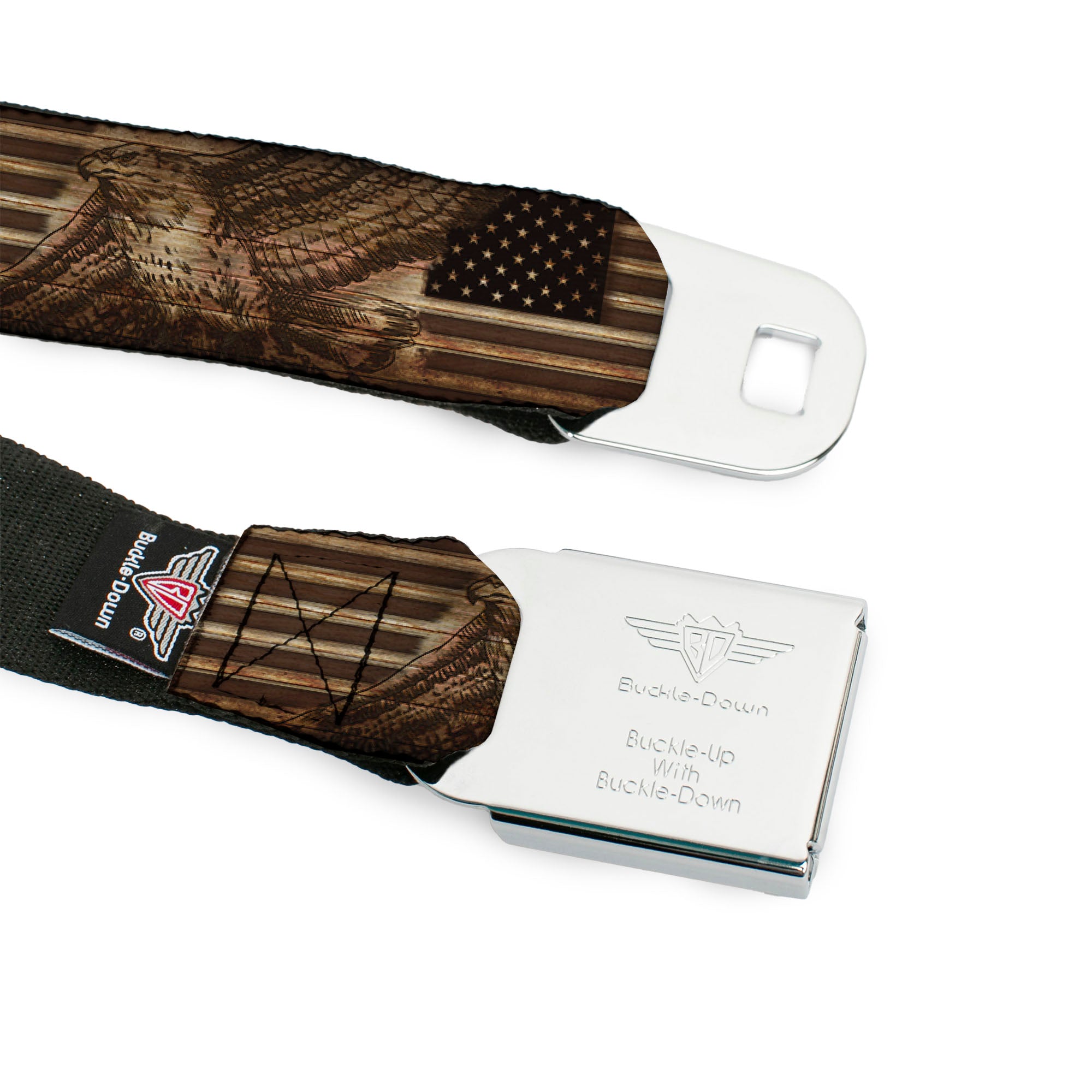 BD Wings Logo CLOSE-UP Full Color Black Silver Seatbelt Belt - Americana Eagle & Flag Rustic Wood Grain Webbing Seatbelt Belts Buckle-Down