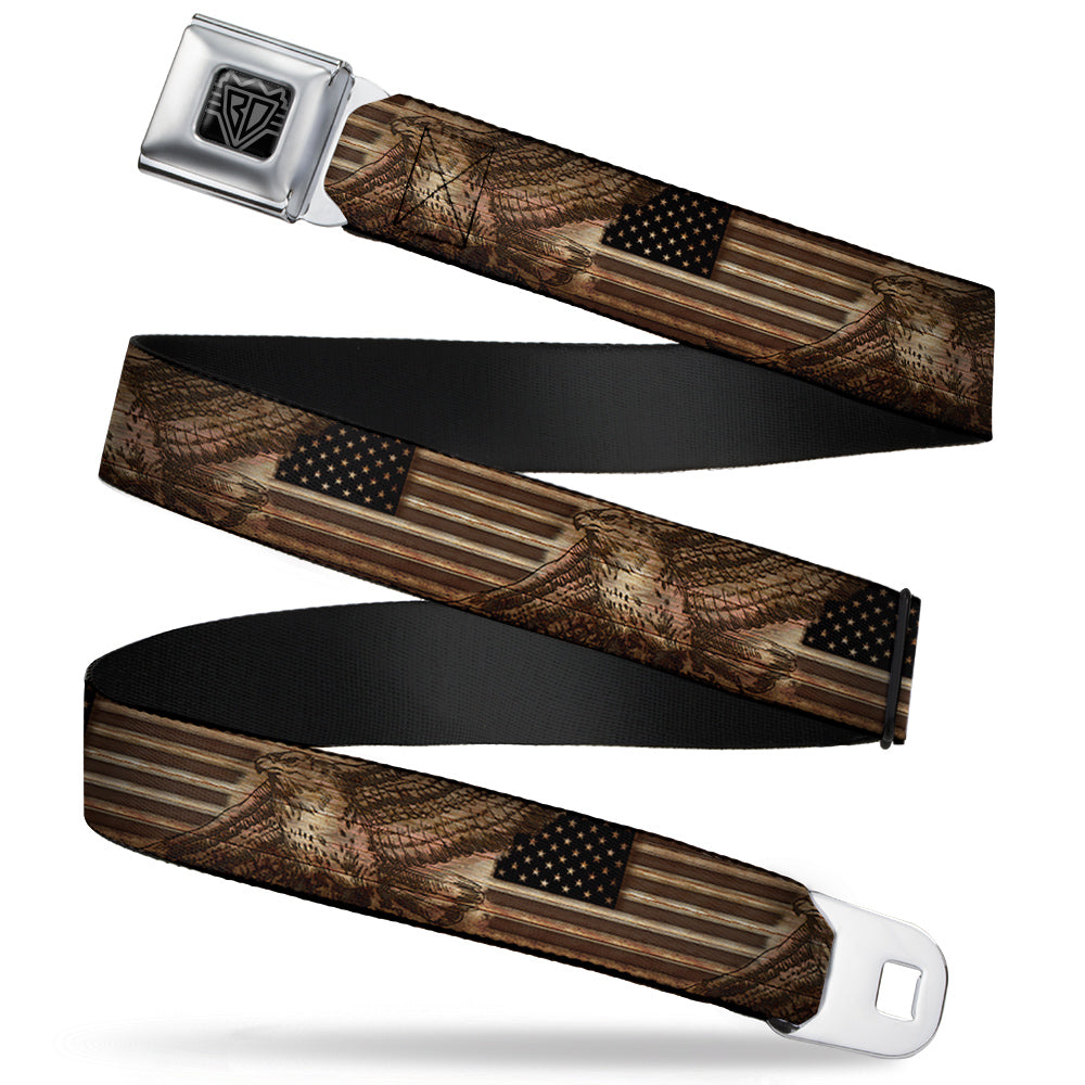 BD Wings Logo CLOSE-UP Full Color Black Silver Seatbelt Belt - Americana Eagle & Flag Rustic Wood Grain Webbing Seatbelt Belts Buckle-Down