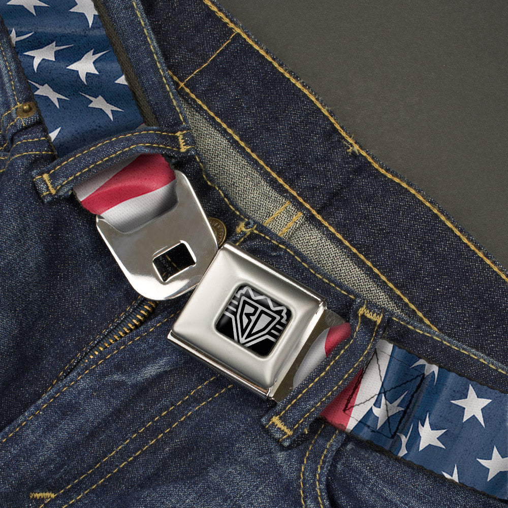 BD Wings Logo CLOSE-UP Full Color Black Silver Seatbelt Belt - American Flag Vertical CLOSE-UP Webbing Seatbelt Belts Buckle-Down