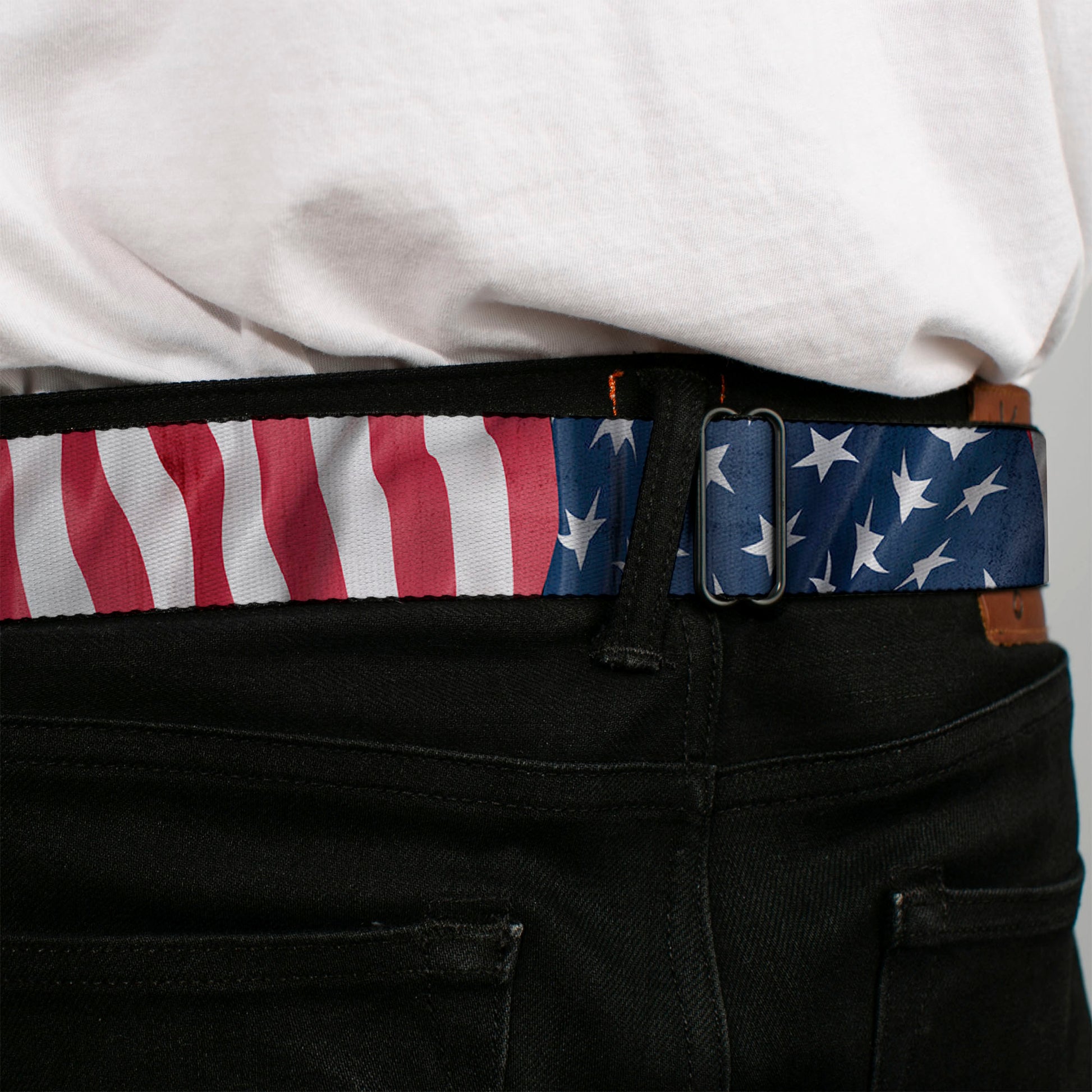 BD Wings Logo CLOSE-UP Full Color Black Silver Seatbelt Belt - American Flag Vertical CLOSE-UP Webbing Seatbelt Belts Buckle-Down