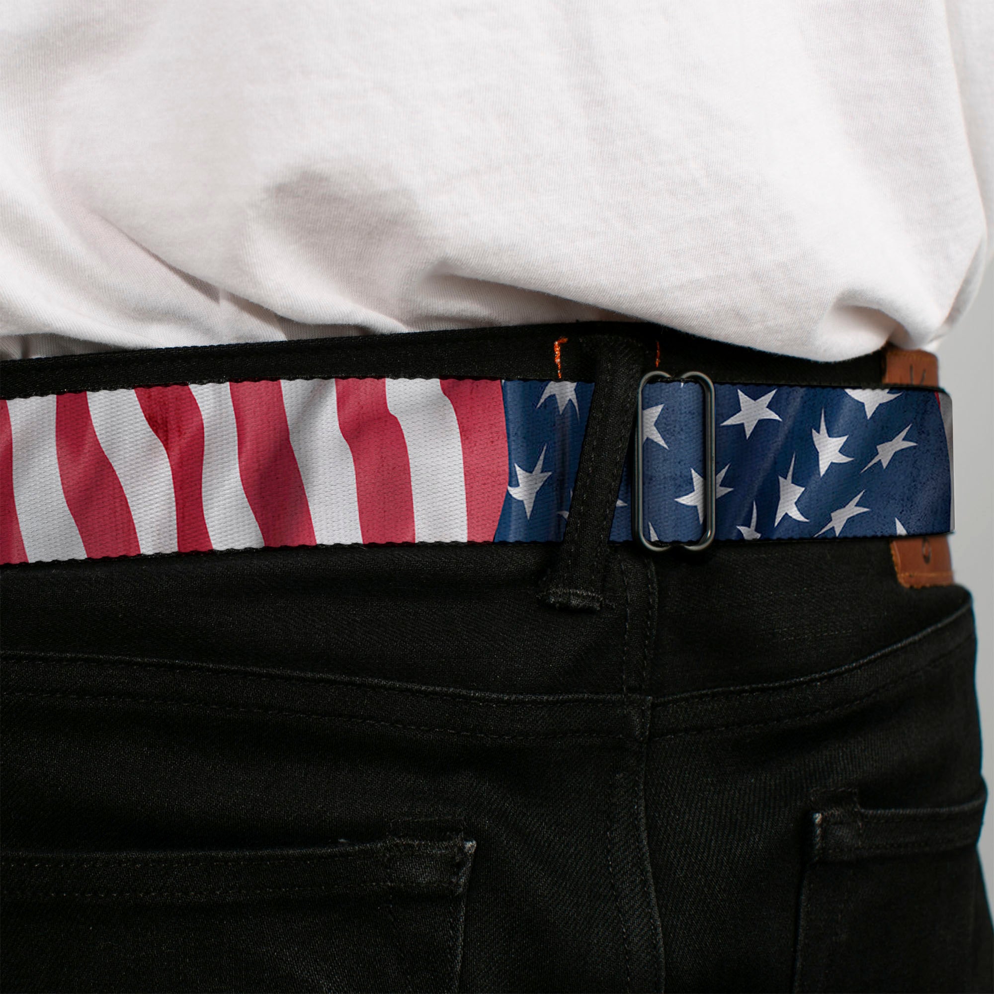 BD Wings Logo CLOSE-UP Full Color Black Silver Seatbelt Belt - American Flag Vertical CLOSE-UP Webbing Seatbelt Belts Buckle-Down