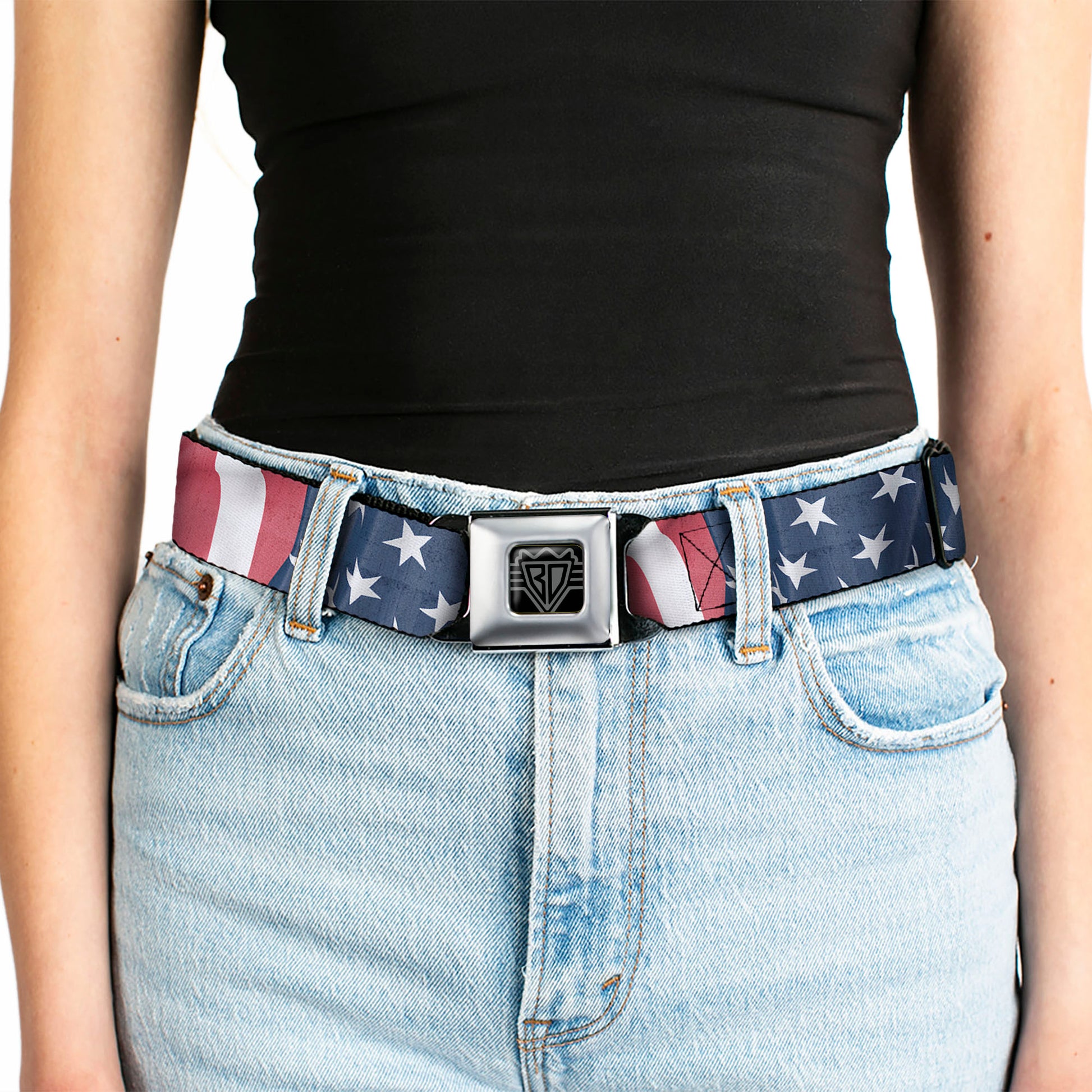 BD Wings Logo CLOSE-UP Full Color Black Silver Seatbelt Belt - American Flag Vertical CLOSE-UP Webbing Seatbelt Belts Buckle-Down