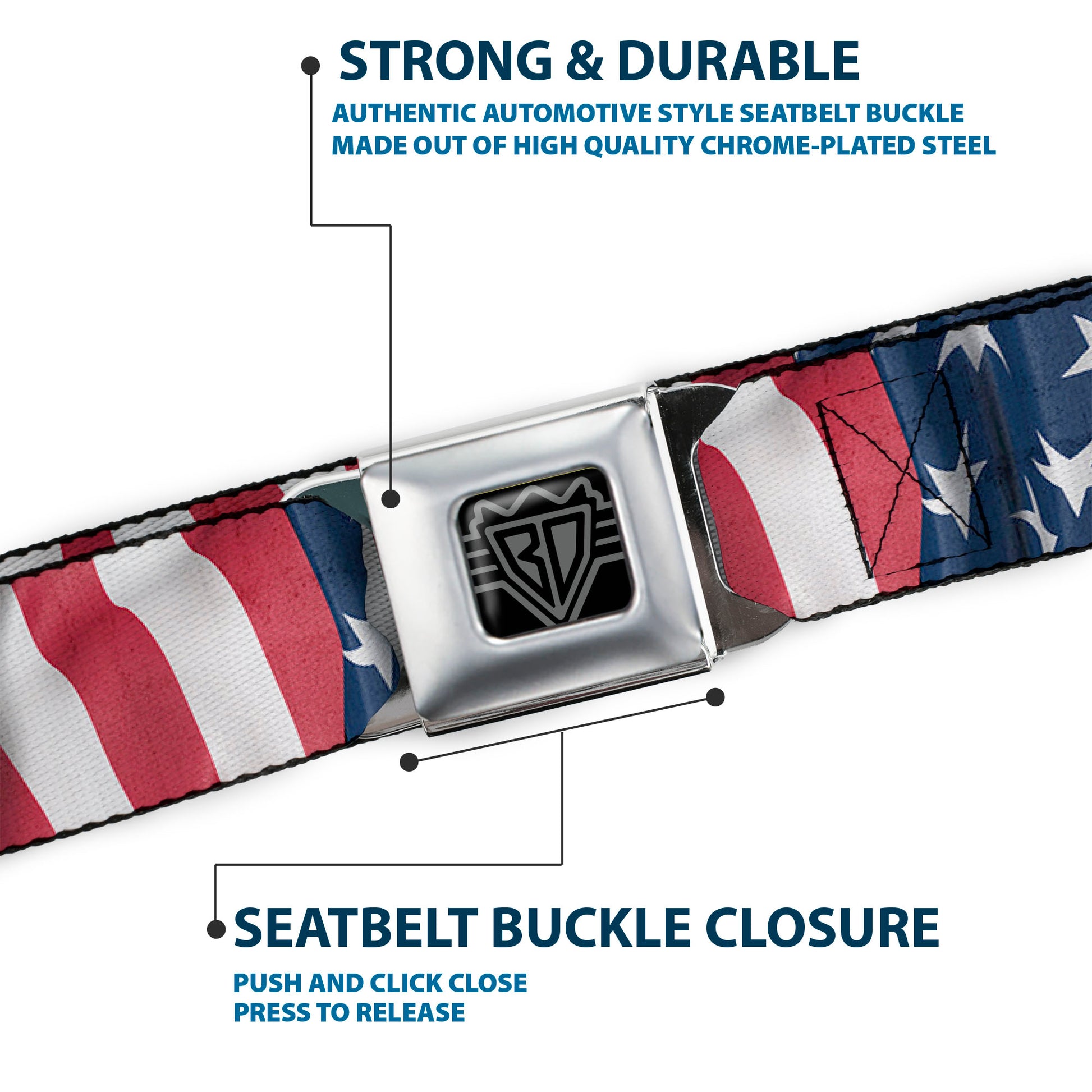 BD Wings Logo CLOSE-UP Full Color Black Silver Seatbelt Belt - American Flag Vertical CLOSE-UP Webbing Seatbelt Belts Buckle-Down