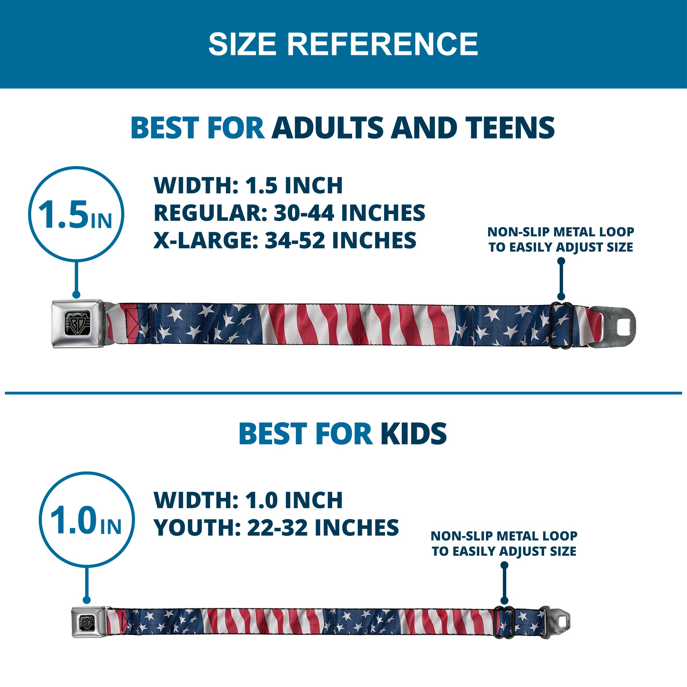 BD Wings Logo CLOSE-UP Full Color Black Silver Seatbelt Belt - American Flag Vertical CLOSE-UP Webbing Seatbelt Belts Buckle-Down