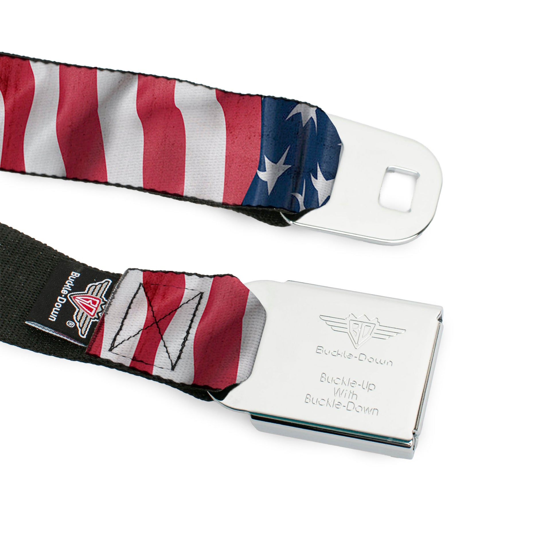 BD Wings Logo CLOSE-UP Full Color Black Silver Seatbelt Belt - American Flag Vertical CLOSE-UP Webbing Seatbelt Belts Buckle-Down