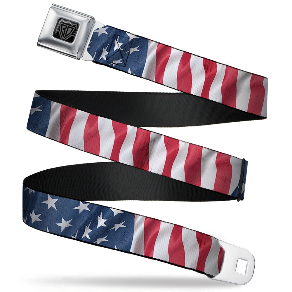 BD Wings Logo CLOSE-UP Full Color Black Silver Seatbelt Belt - American Flag Vertical CLOSE-UP Webbing Seatbelt Belts Buckle-Down