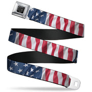 BD Wings Logo CLOSE-UP Full Color Black Silver Seatbelt Belt - American Flag Vertical CLOSE-UP Webbing Seatbelt Belts Buckle-Down