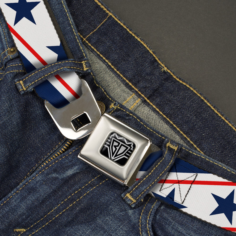 BD Wings Logo CLOSE-UP Full Color Black Silver Seatbelt Belt - Americana Diagonal Stars & Stripes White/Red/Blue Webbing Seatbelt Belts Buckle-Down