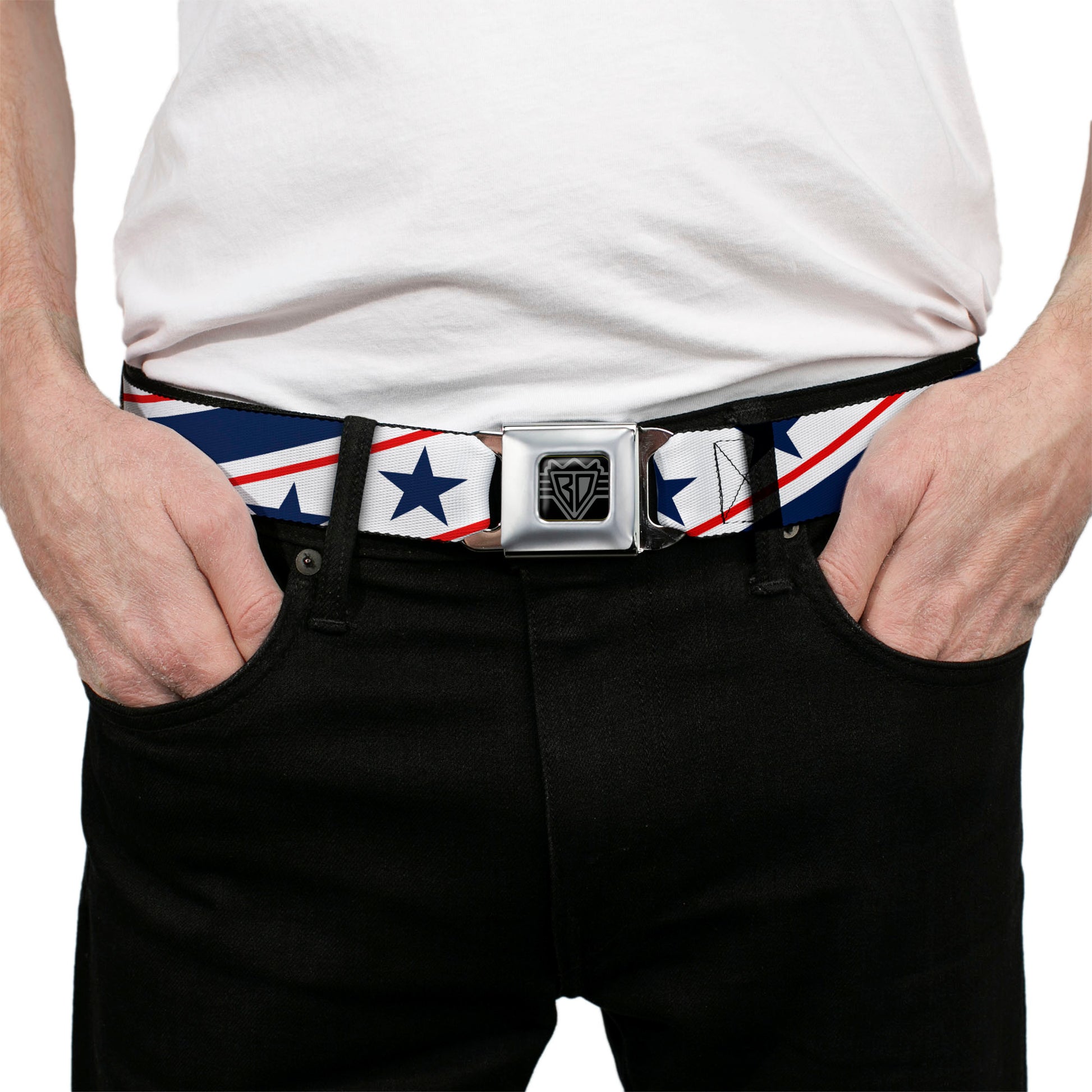 BD Wings Logo CLOSE-UP Full Color Black Silver Seatbelt Belt - Americana Diagonal Stars & Stripes White/Red/Blue Webbing Seatbelt Belts Buckle-Down