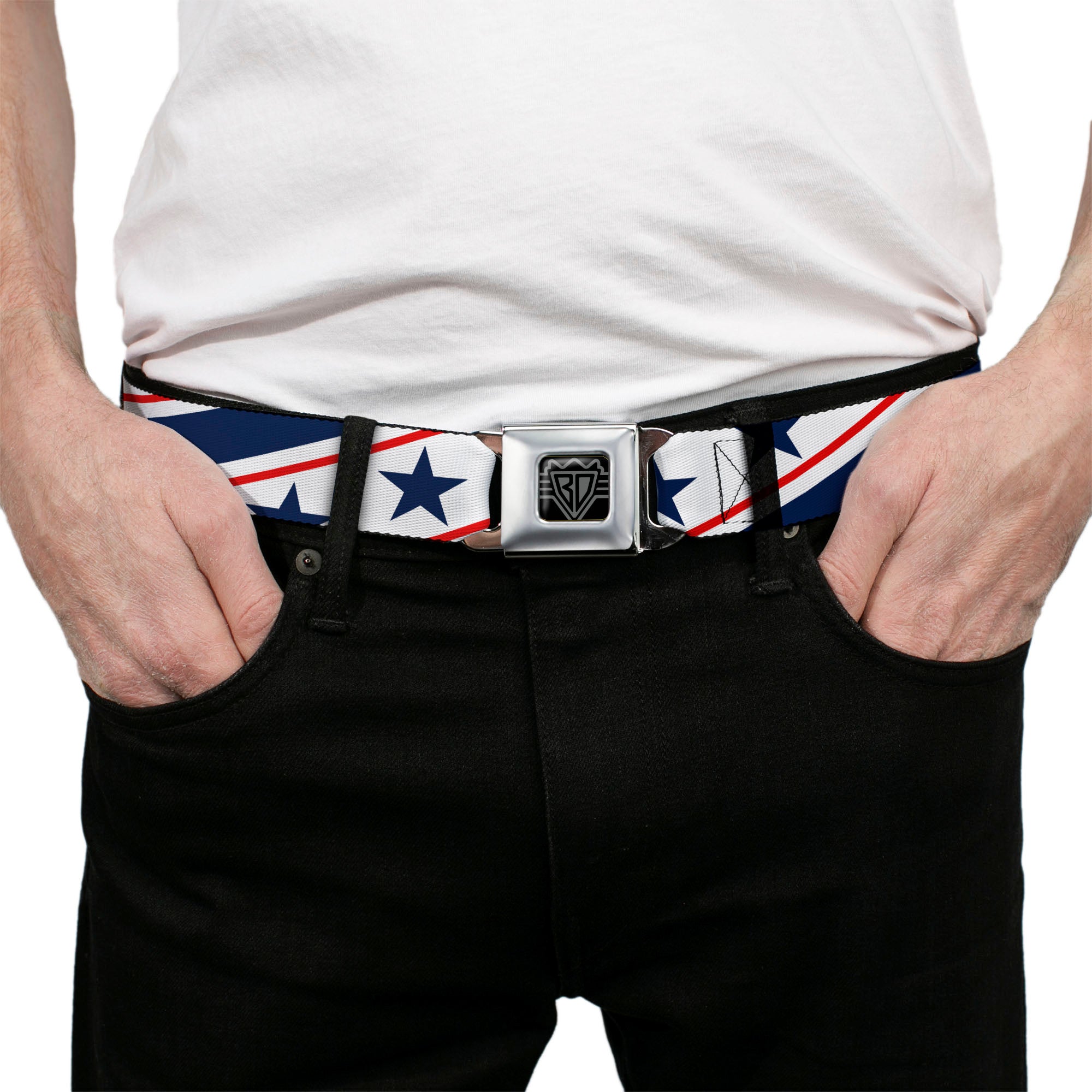 BD Wings Logo CLOSE-UP Full Color Black Silver Seatbelt Belt - Americana Diagonal Stars & Stripes White/Red/Blue Webbing Seatbelt Belts Buckle-Down