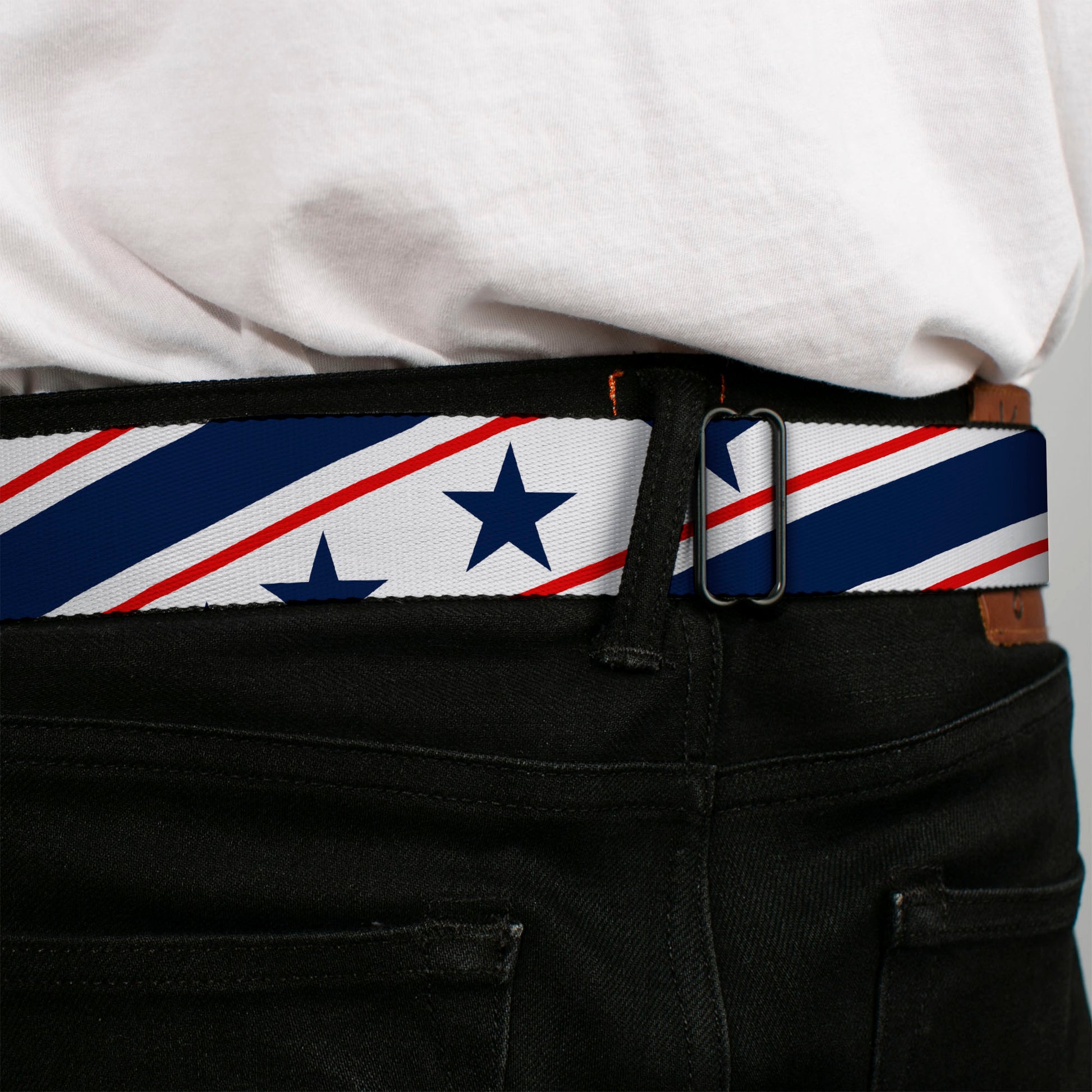 BD Wings Logo CLOSE-UP Full Color Black Silver Seatbelt Belt - Americana Diagonal Stars & Stripes White/Red/Blue Webbing Seatbelt Belts Buckle-Down