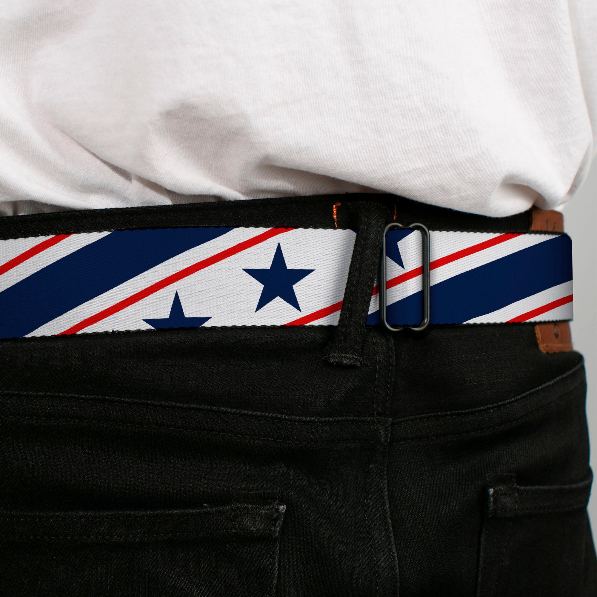 BD Wings Logo CLOSE-UP Full Color Black Silver Seatbelt Belt - Americana Diagonal Stars & Stripes White/Red/Blue Webbing Seatbelt Belts Buckle-Down