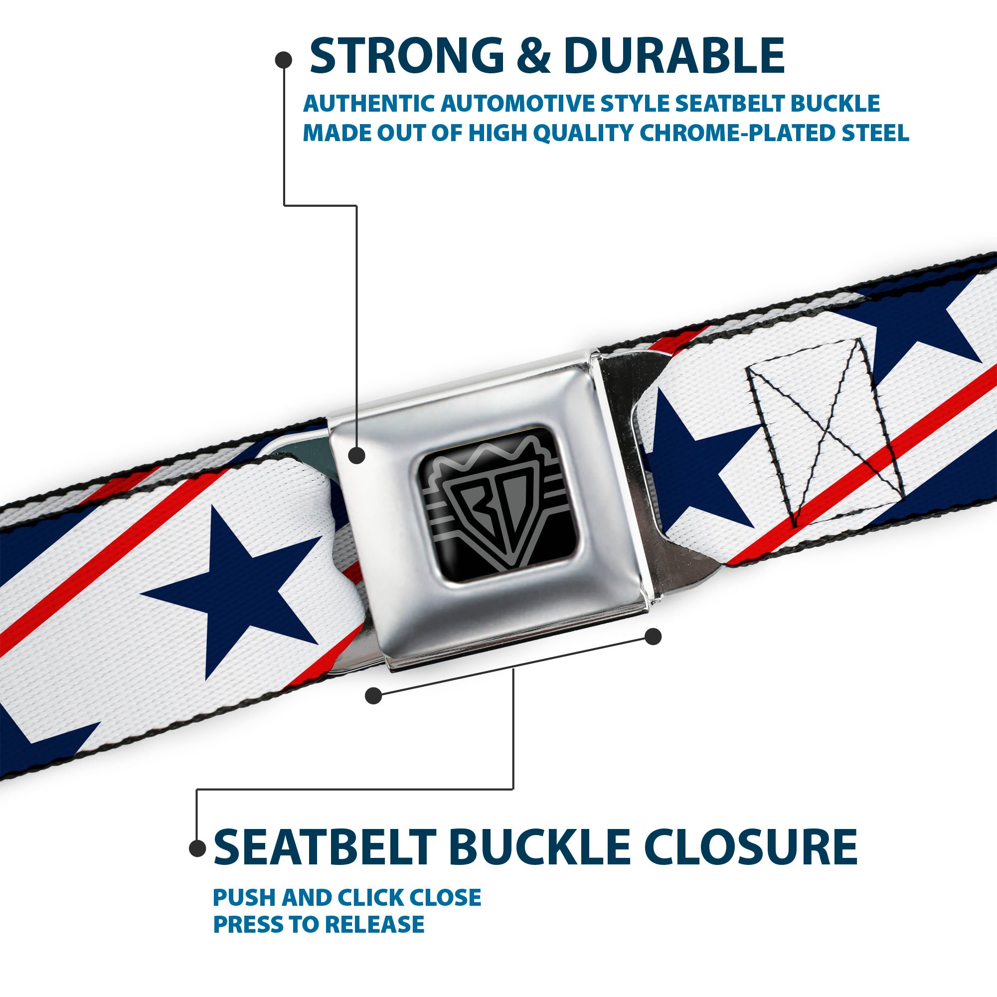 BD Wings Logo CLOSE-UP Full Color Black Silver Seatbelt Belt - Americana Diagonal Stars & Stripes White/Red/Blue Webbing Seatbelt Belts Buckle-Down