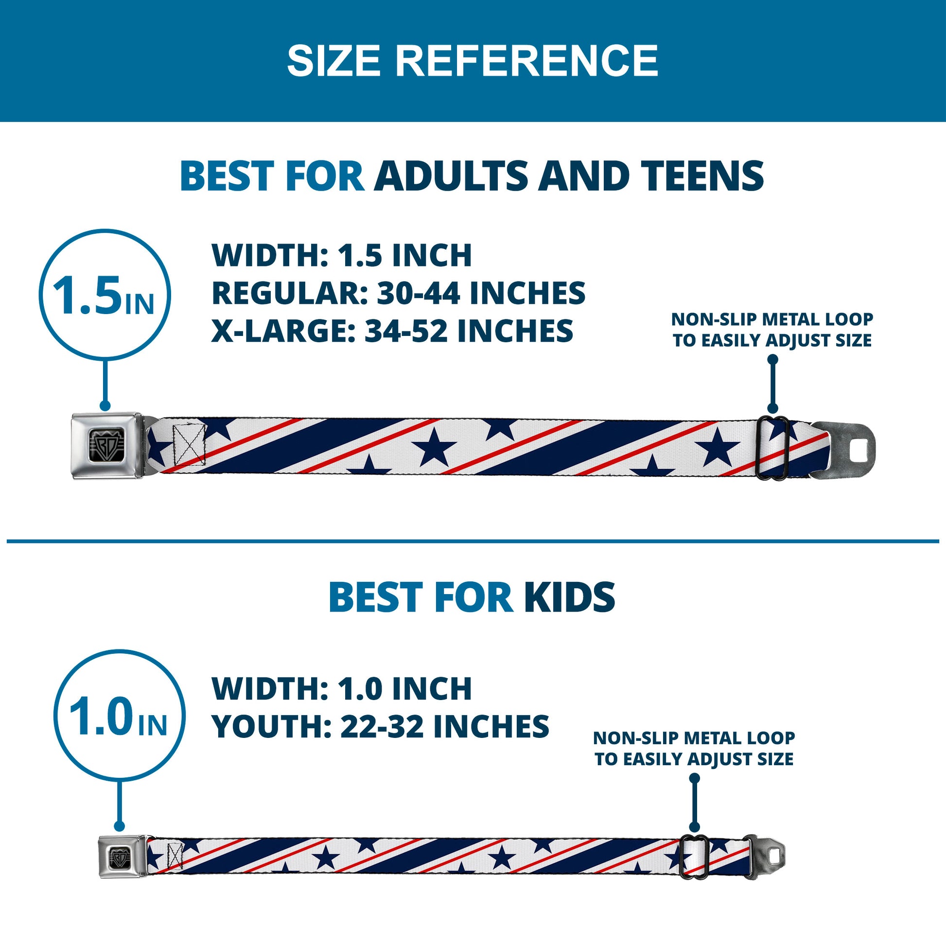 BD Wings Logo CLOSE-UP Full Color Black Silver Seatbelt Belt - Americana Diagonal Stars & Stripes White/Red/Blue Webbing Seatbelt Belts Buckle-Down