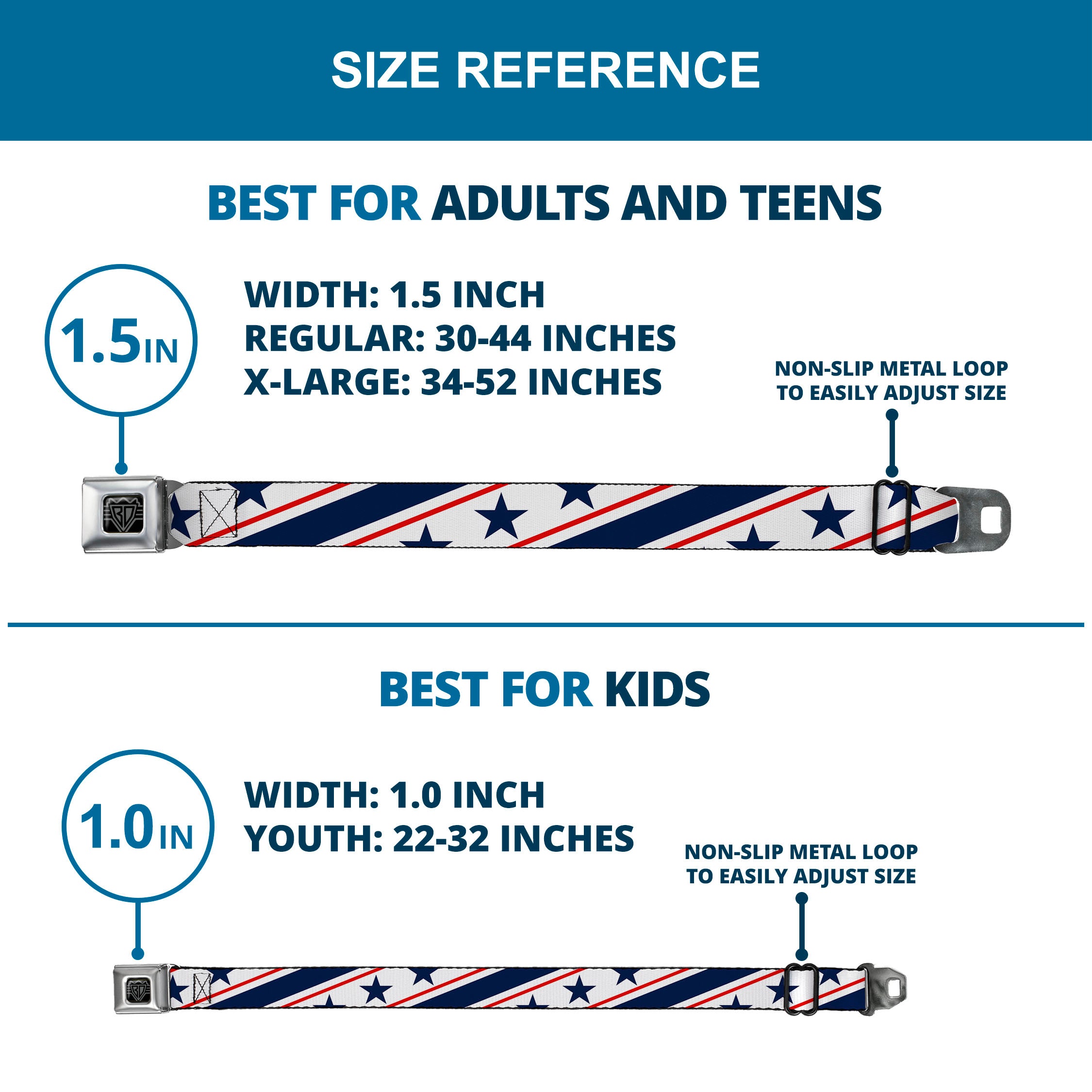 BD Wings Logo CLOSE-UP Full Color Black Silver Seatbelt Belt - Americana Diagonal Stars & Stripes White/Red/Blue Webbing Seatbelt Belts Buckle-Down