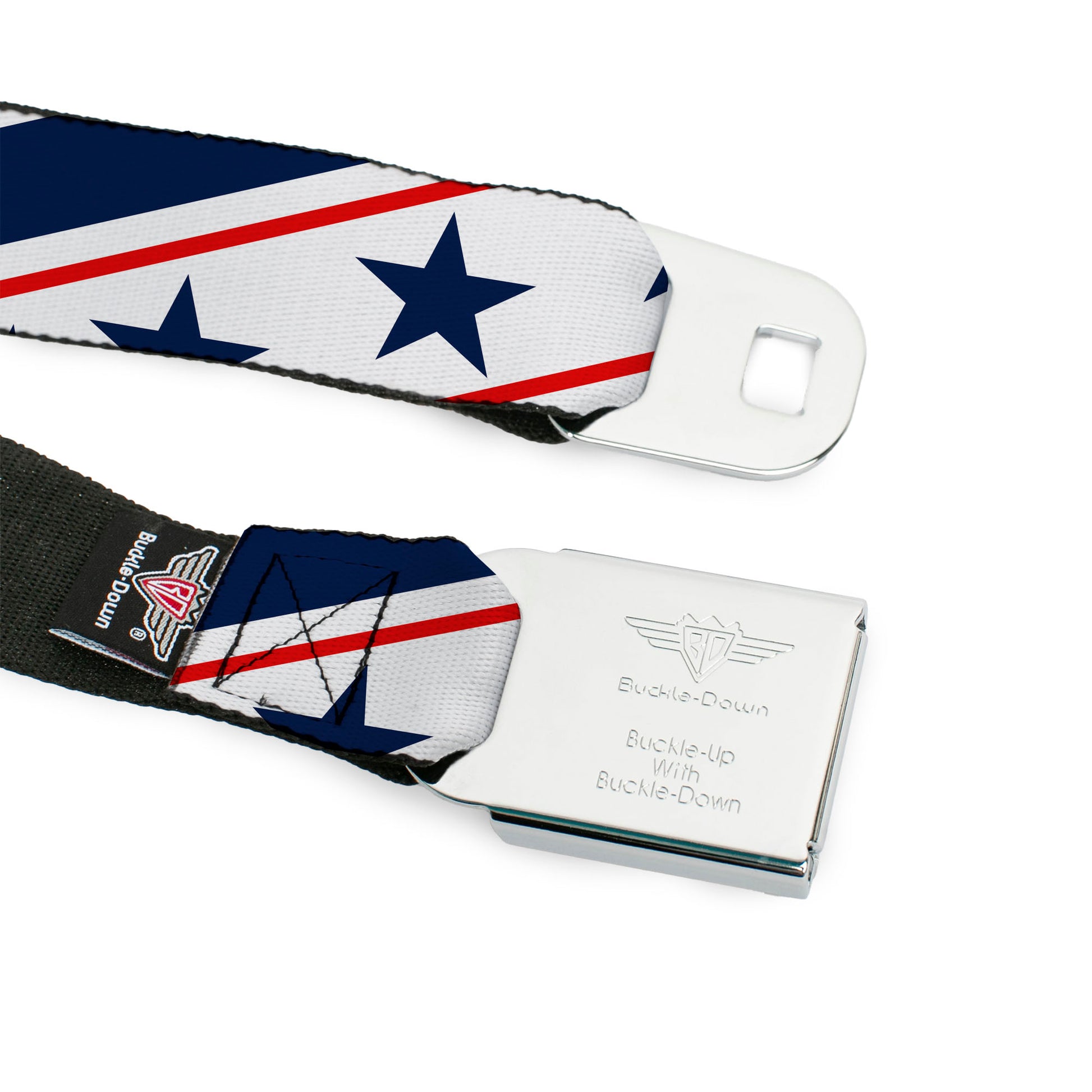 BD Wings Logo CLOSE-UP Full Color Black Silver Seatbelt Belt - Americana Diagonal Stars & Stripes White/Red/Blue Webbing Seatbelt Belts Buckle-Down