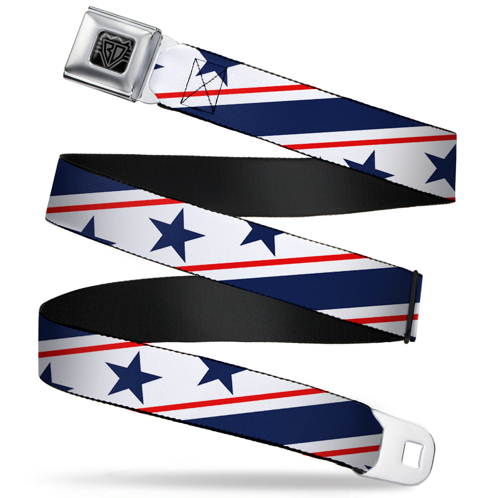 BD Wings Logo CLOSE-UP Full Color Black Silver Seatbelt Belt - Americana Diagonal Stars & Stripes White/Red/Blue Webbing Seatbelt Belts Buckle-Down