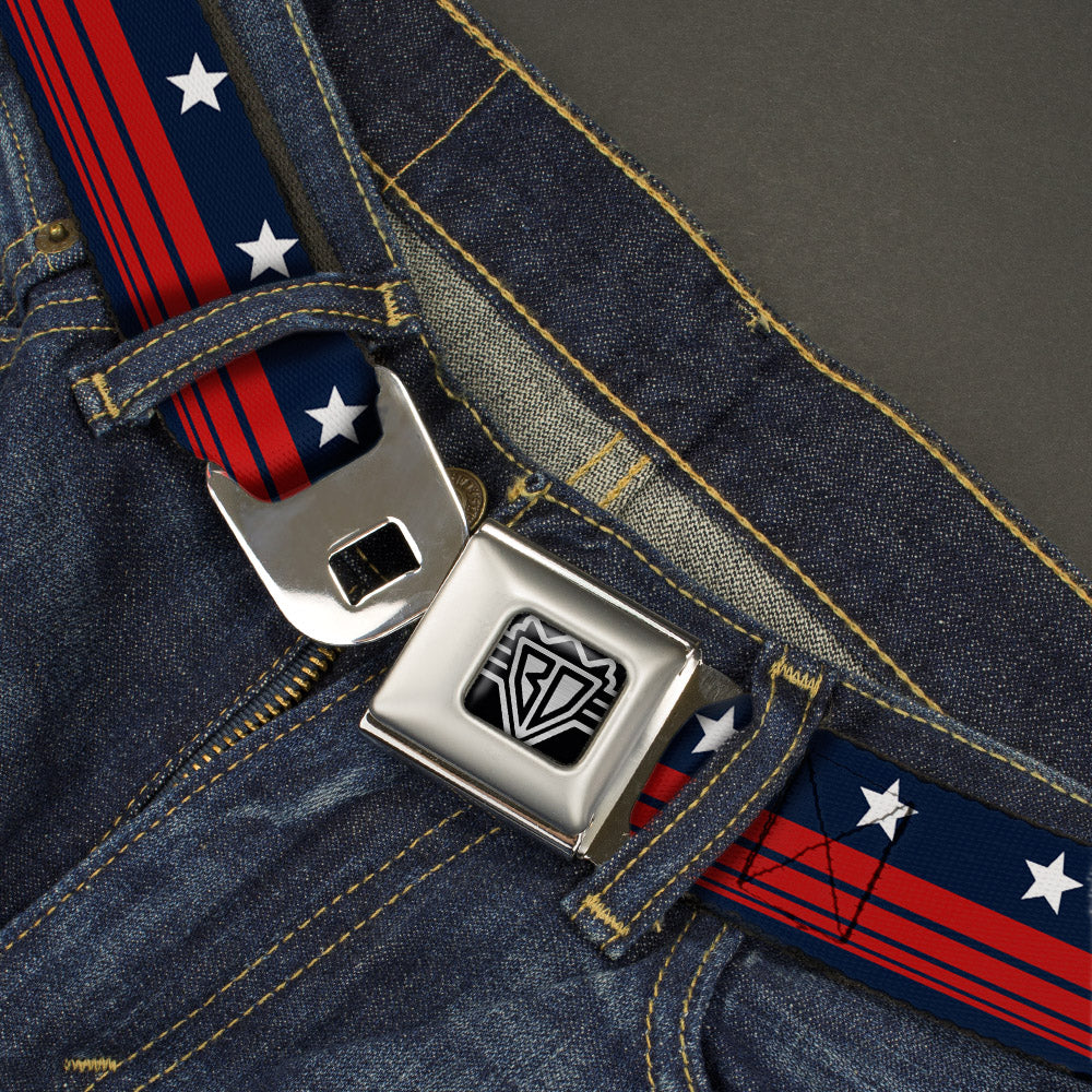 BD Wings Logo CLOSE-UP Full Color Black Silver Seatbelt Belt - Americana Stars & Stripes4 Blue/White/Red Webbing Seatbelt Belts Buckle-Down
