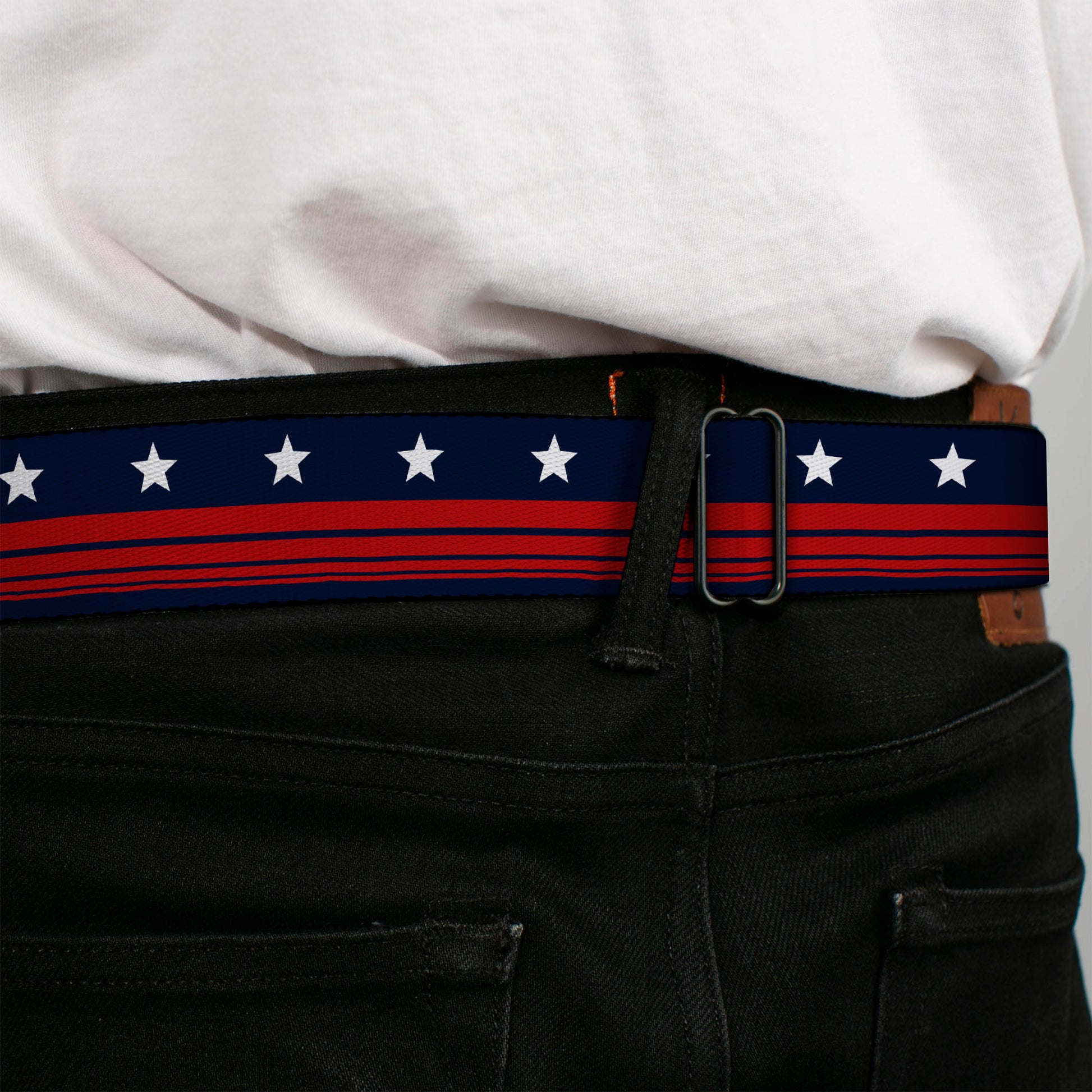 BD Wings Logo CLOSE-UP Full Color Black Silver Seatbelt Belt - Americana Stars & Stripes4 Blue/White/Red Webbing Seatbelt Belts Buckle-Down