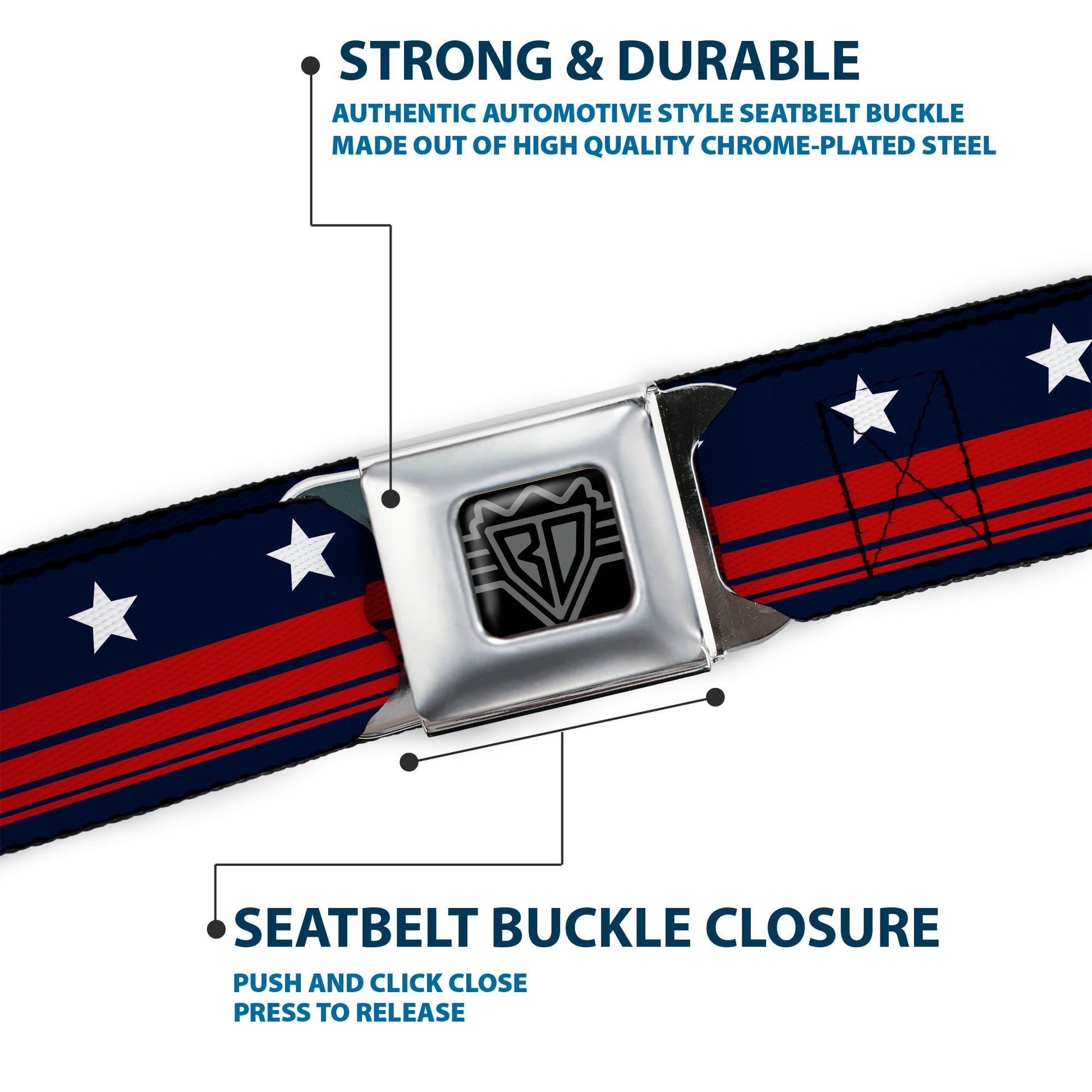 BD Wings Logo CLOSE-UP Full Color Black Silver Seatbelt Belt - Americana Stars & Stripes4 Blue/White/Red Webbing Seatbelt Belts Buckle-Down