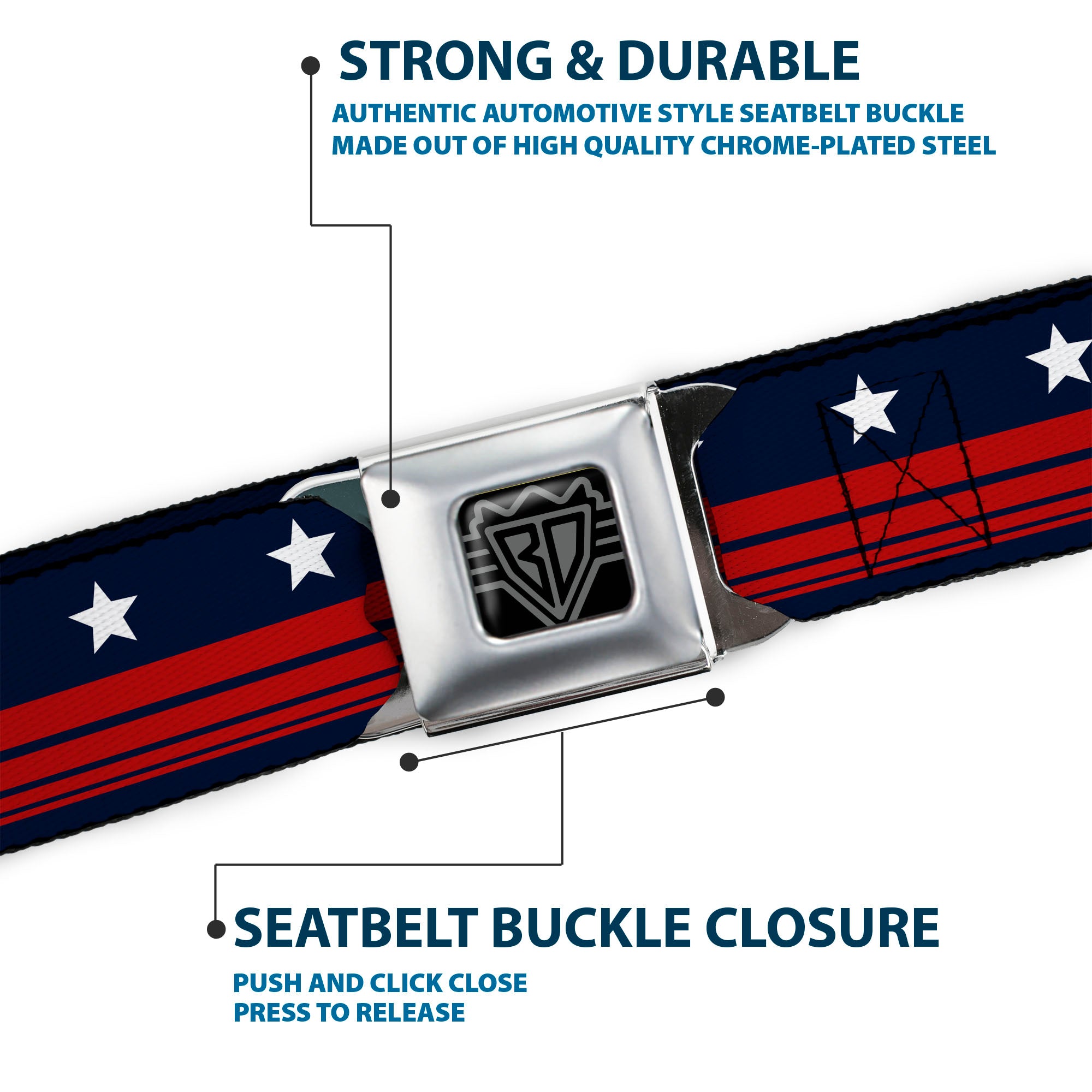 BD Wings Logo CLOSE-UP Full Color Black Silver Seatbelt Belt - Americana Stars & Stripes4 Blue/White/Red Webbing Seatbelt Belts Buckle-Down