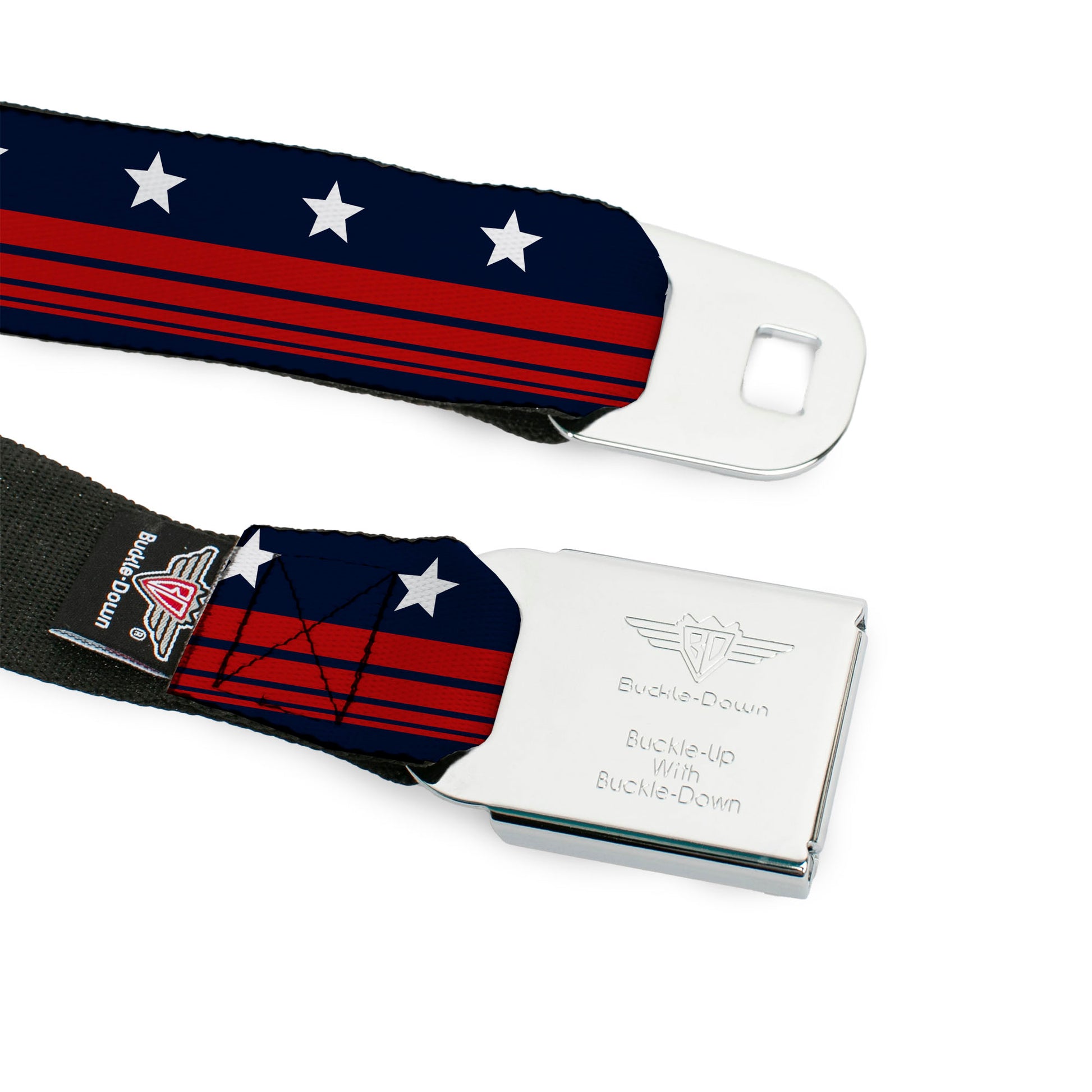 BD Wings Logo CLOSE-UP Full Color Black Silver Seatbelt Belt - Americana Stars & Stripes4 Blue/White/Red Webbing Seatbelt Belts Buckle-Down